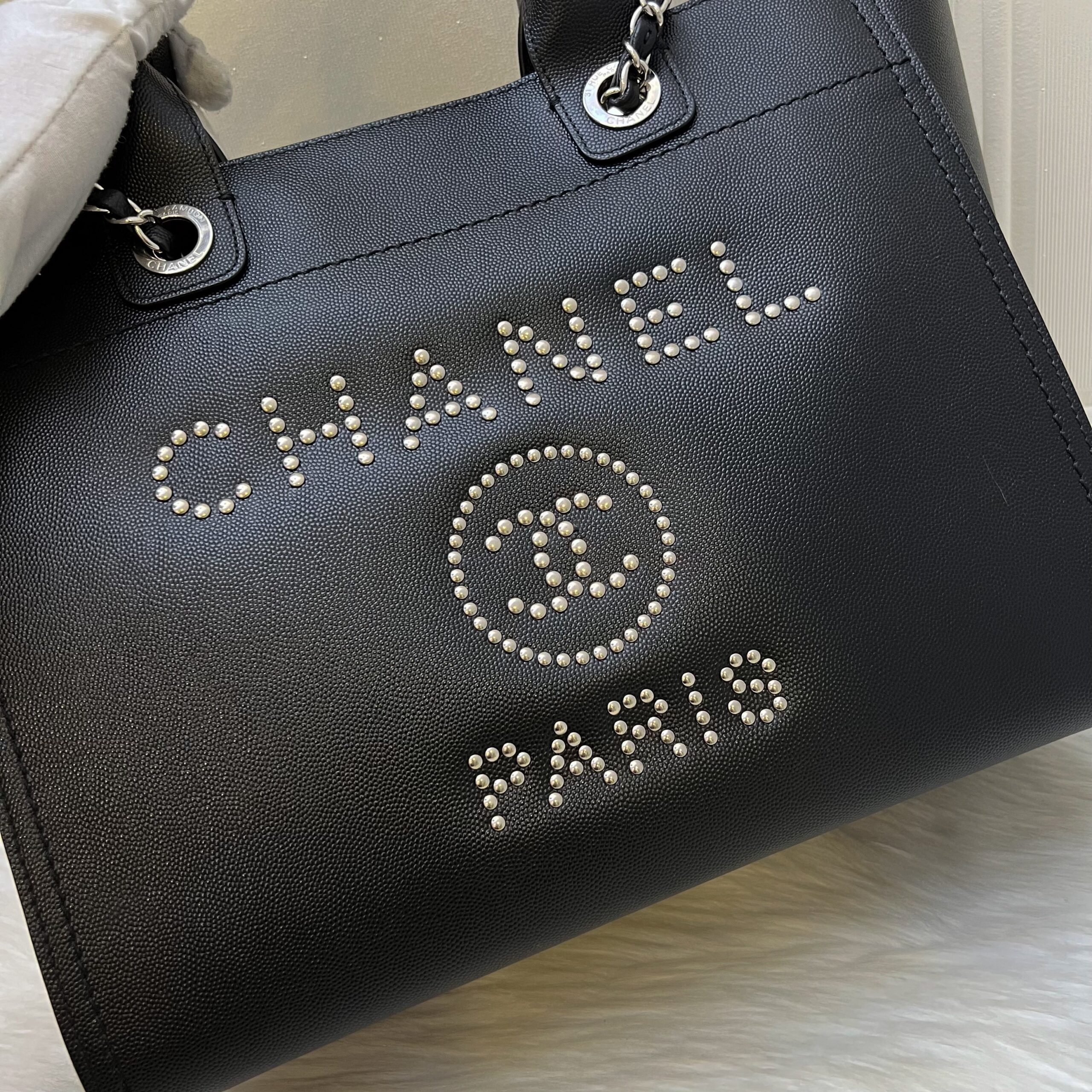 Chanel Small / Medium Deauville Tote in Black Caviar and SHW
