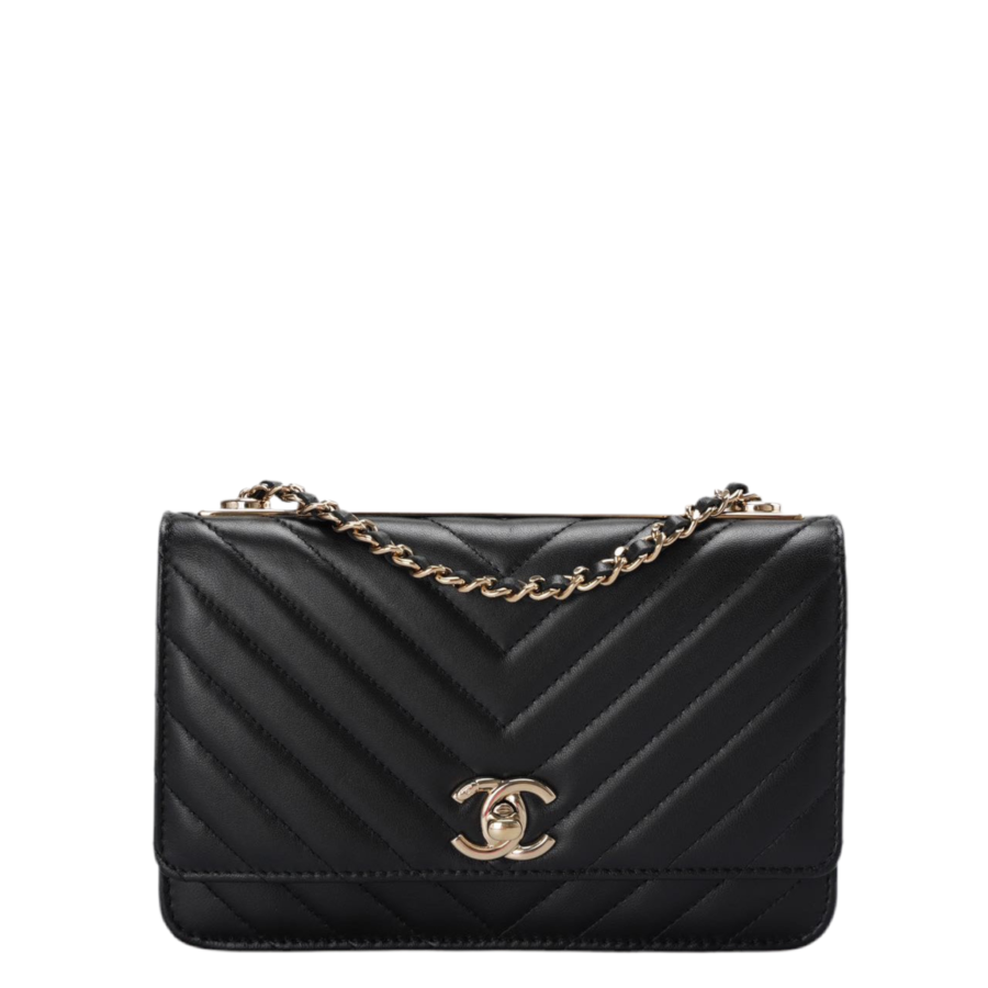 Chanel Lambskin Chevron Quilted Trendy CC Wallet On Chain Woc In Black | Studio Nafay