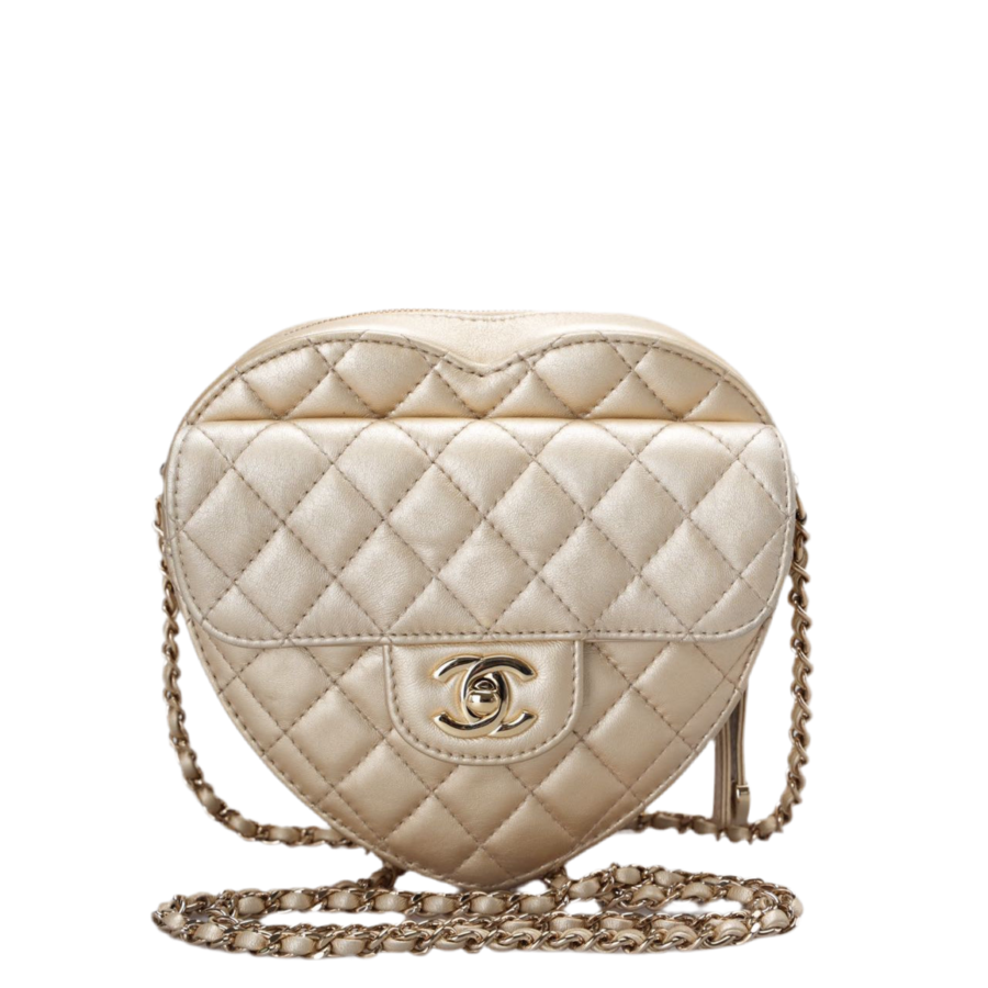 Chanel In Love Heart Bag Champagne Gold Quilted Lambskin with Big C | Studio Nafay