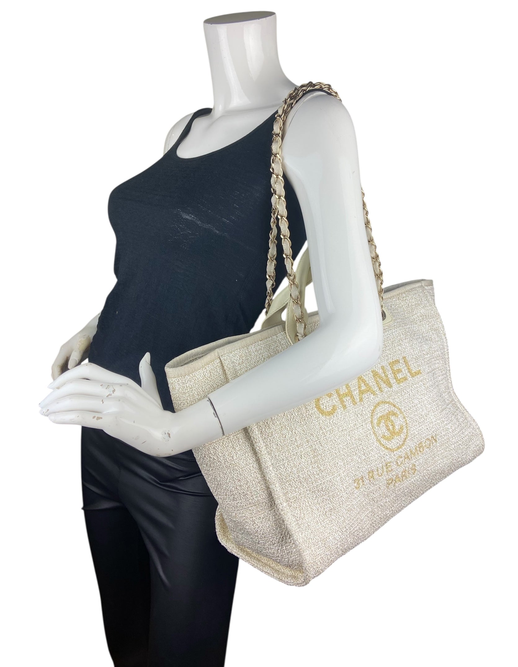 Chanel White/Gold Canvas Medium Deauville Tote