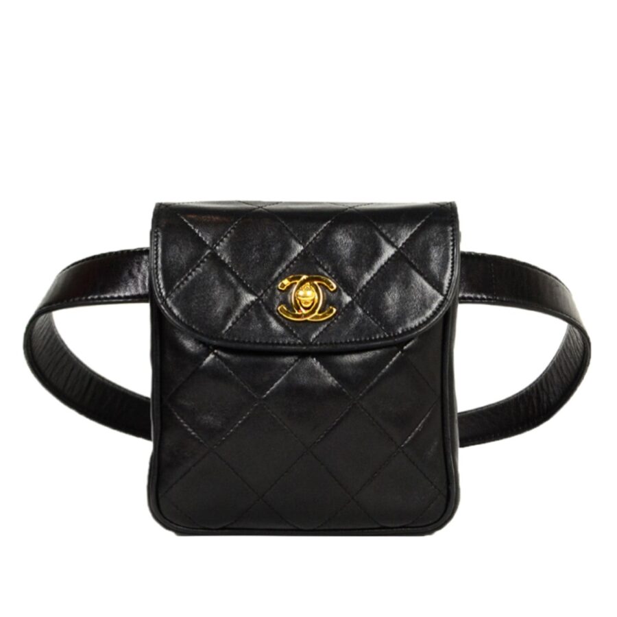 Chanel '90s Black Lambskin Quilted Belt Bag sz 75/30" | Studio Nafay