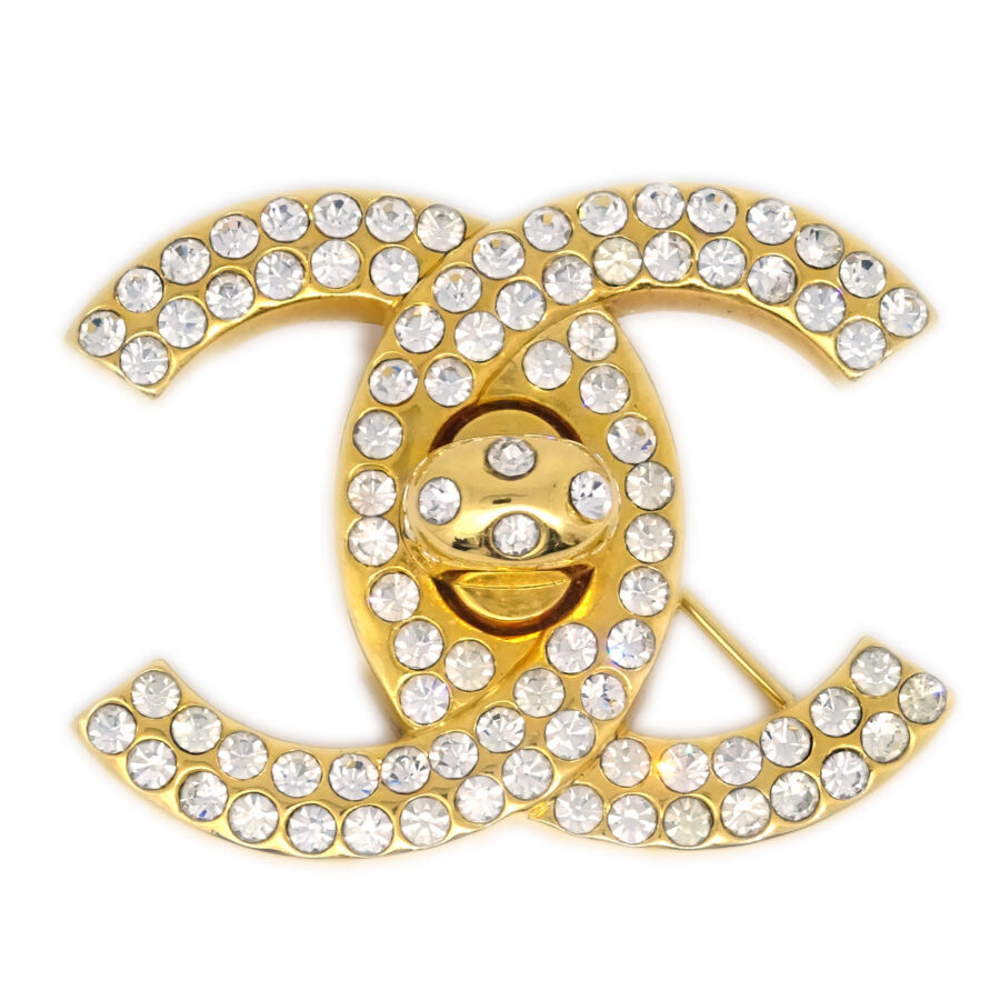 Chanel CC Turnlock Rhinestone Brooch Pin Gold 96P | Studio Nafay