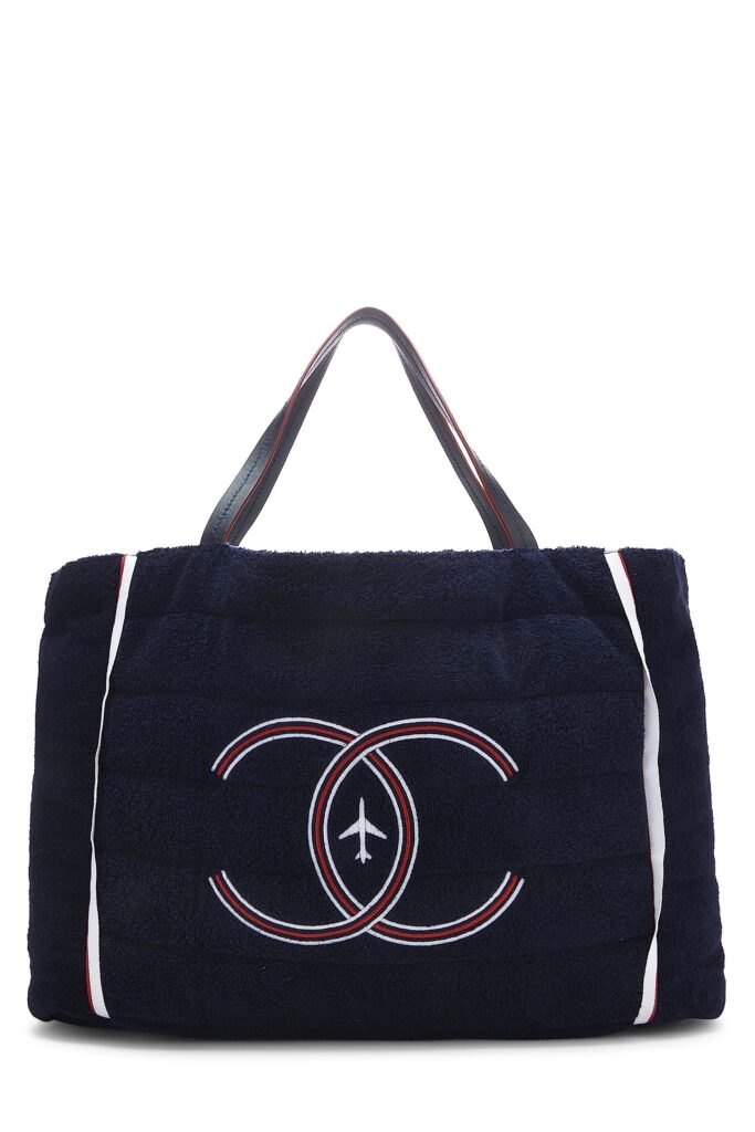 Chanel, Navy Terry Cloth & Silver Nylon Reversible Airlines Tote Large, Silver | Studio Nafay