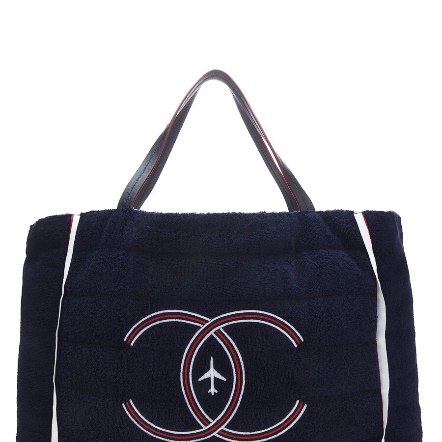 Chanel, Navy Terry Cloth & Silver Nylon Reversible Airlines Tote Large, Silver | Studio Nafay