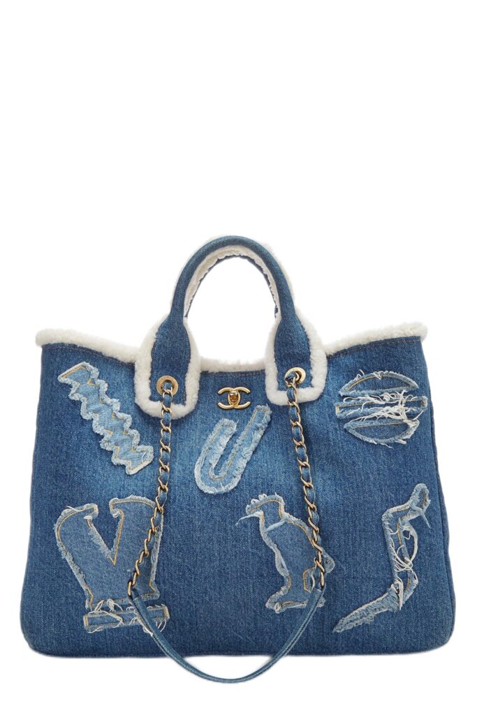 Chanel, Paris-Egypt Blue Denim & Shearling Hieroglyph Shopping Tote, Blue | Studio Nafay
