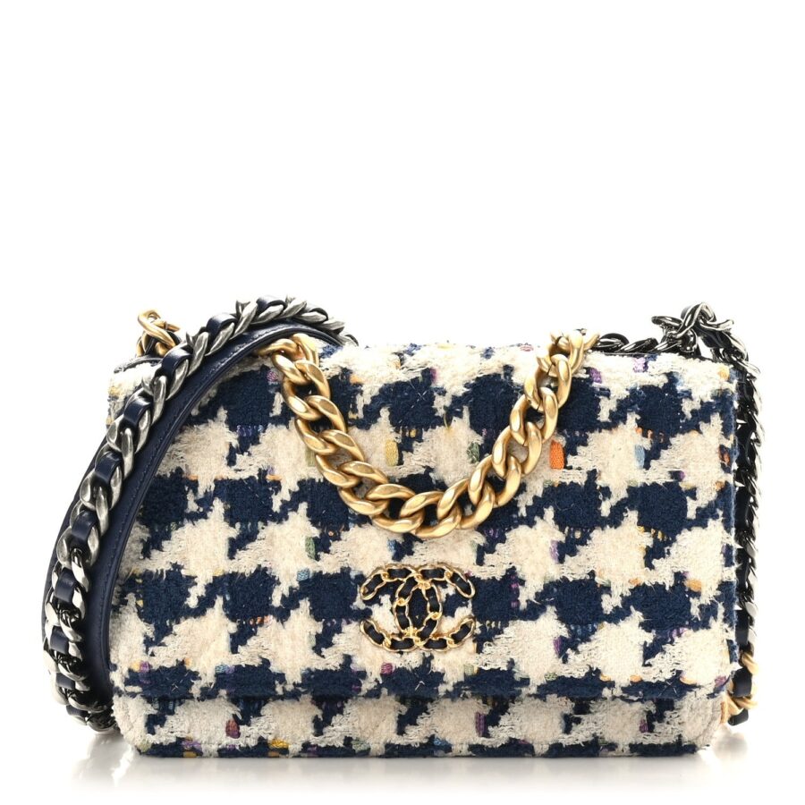 Tweed Quilted Chanel 19 Wallet On Chain WOC Ecru Navy Blue Multicolor Crossbody | Studio Nafay