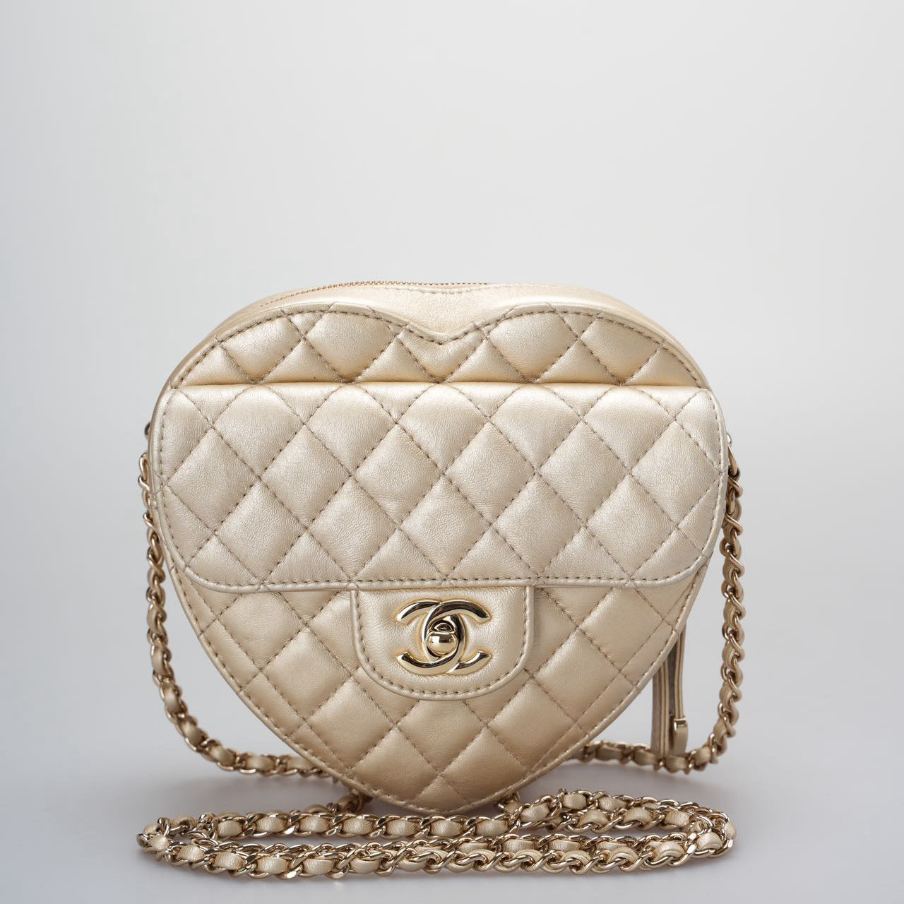 Chanel In Love Heart Bag Champagne Gold Quilted Lambskin with Big C
