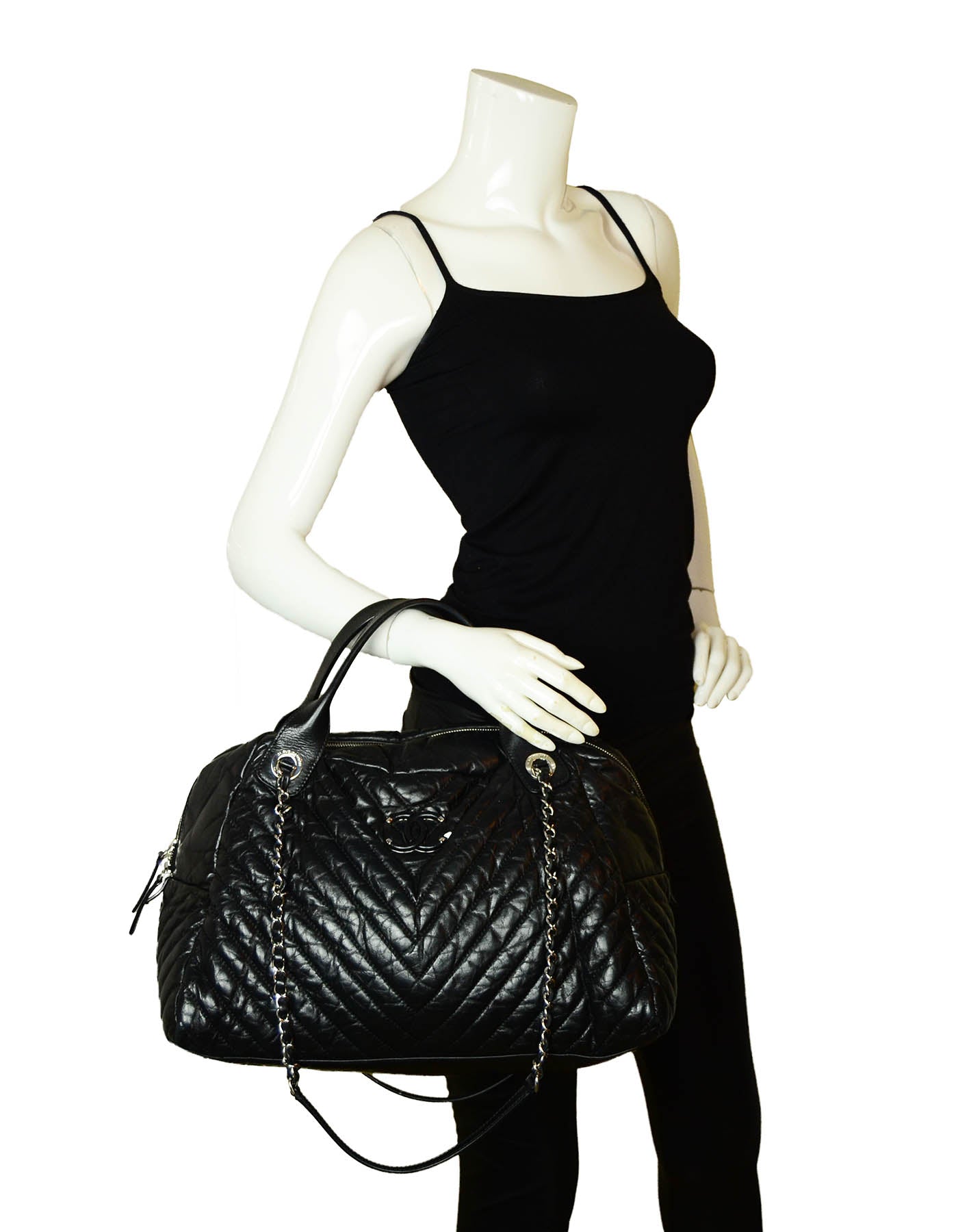 Chanel Black Aged Calfskin Leather Chevron Large Soft Bowling Bag