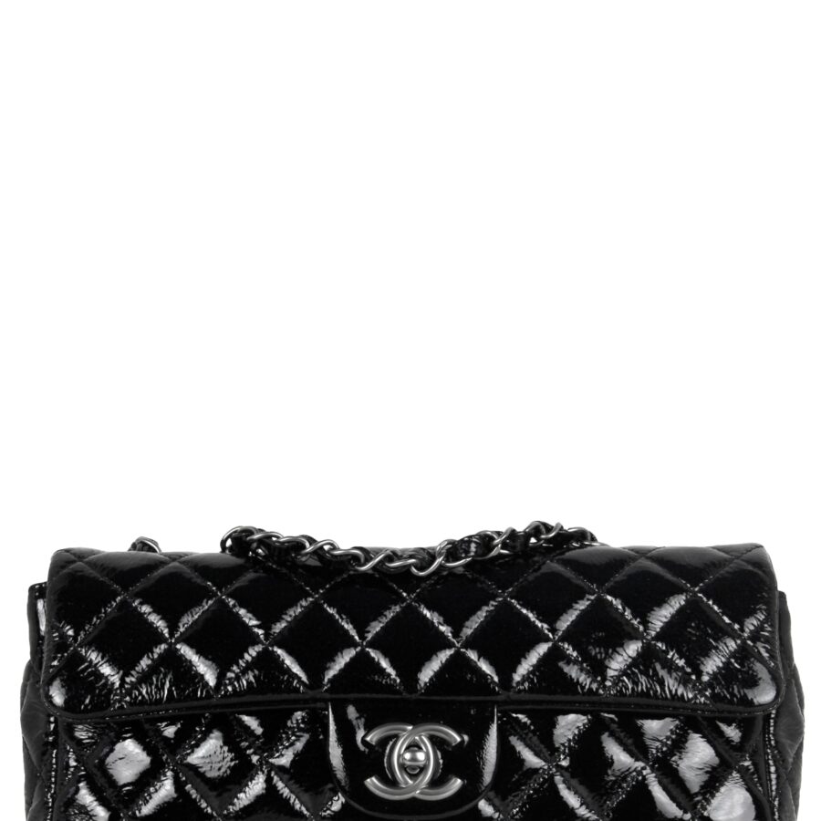 Chanel Black Distressed Patent Quilted East West Flap Bag | Studio Nafay
