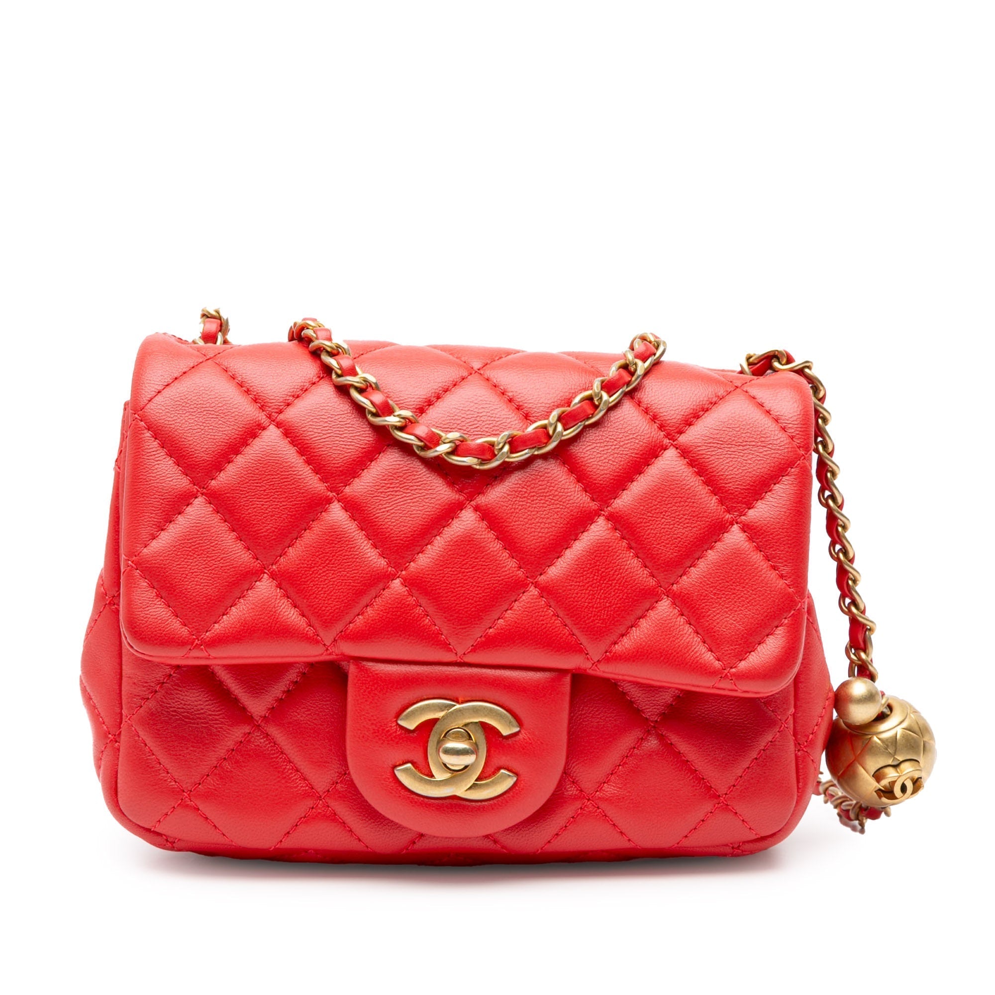 Red Chanel Mini Square Classic Lambskin Pearl Crush Flap Crossbody Bag
