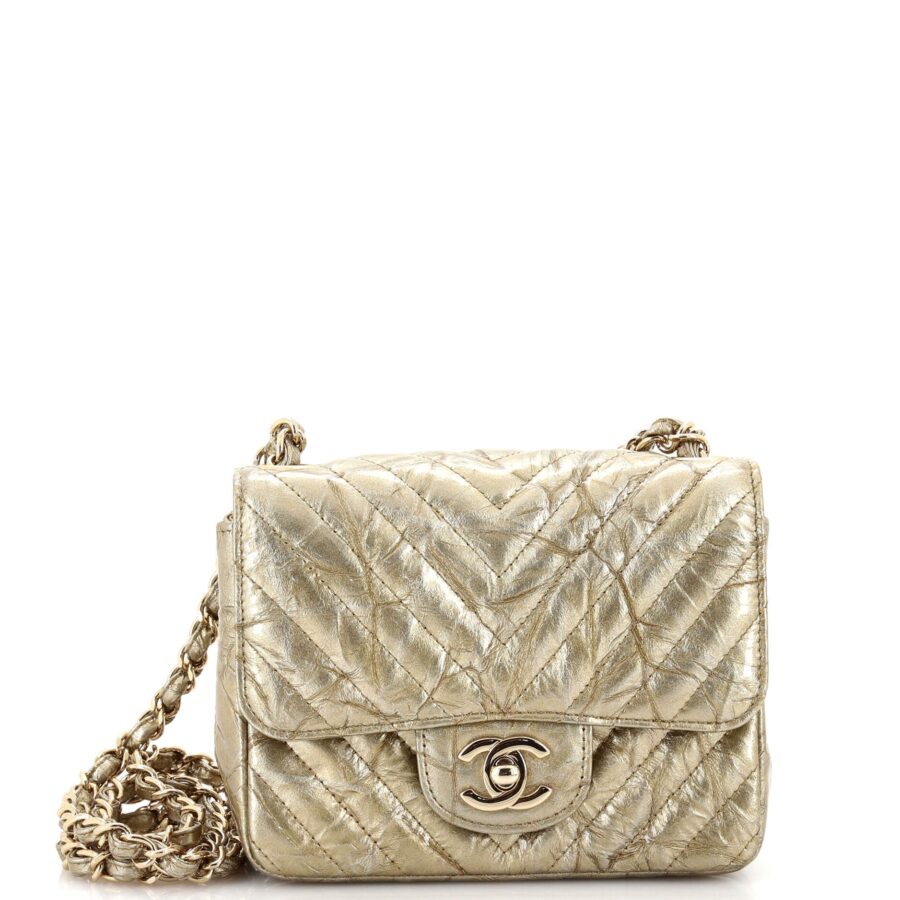 CHANEL Square Classic Single Flap Bag Chevron Crumpled Metallic Patent Mini | Studio Nafay