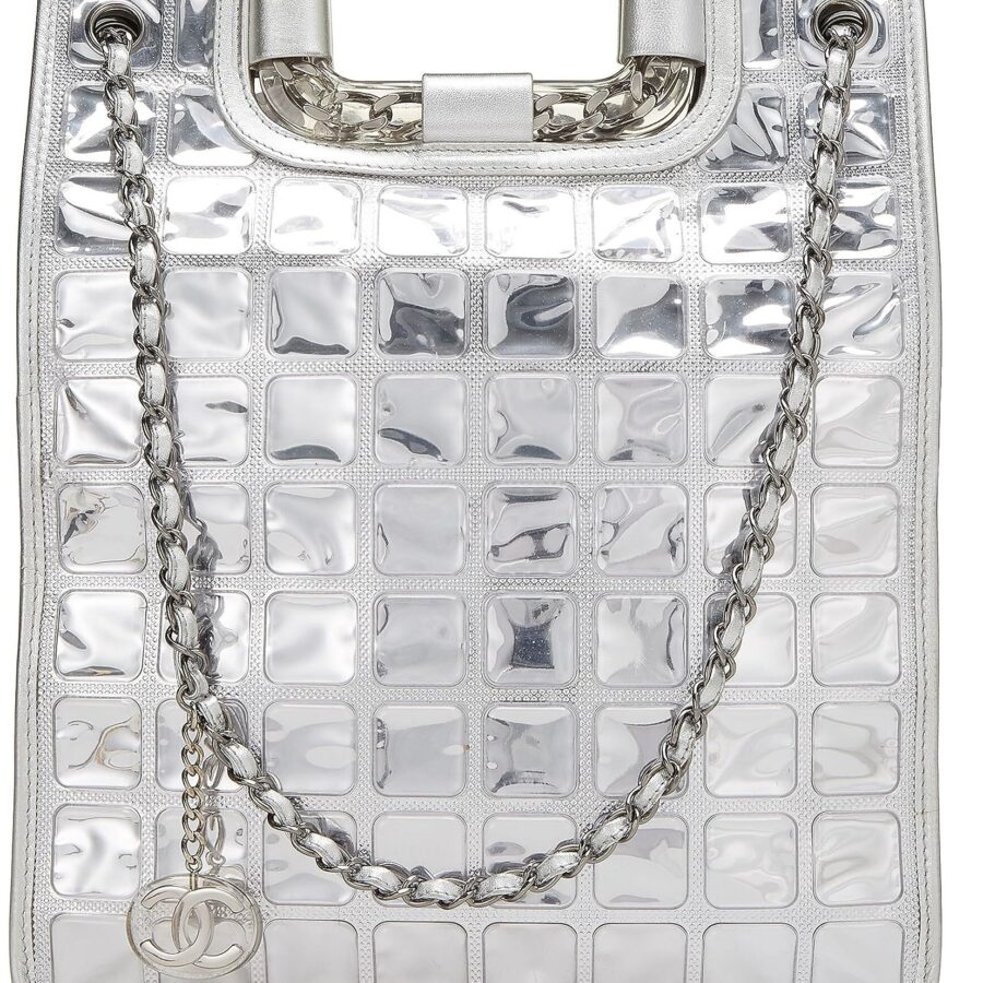 Chanel, Metallic Silver Quilted Leather Ice Cube Shopping Tote, Silver | Studio Nafay