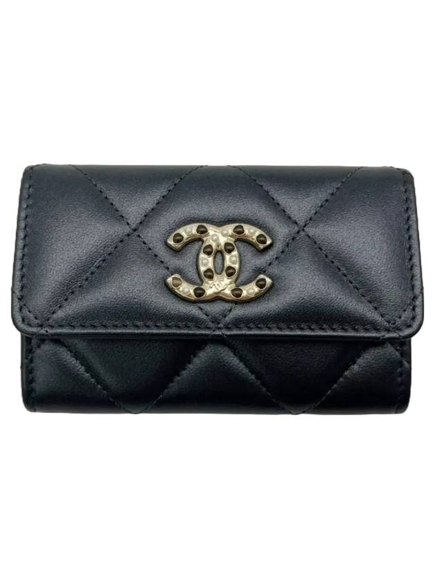 CC Logo Flap Lambskin Card Wallet Black Chanel