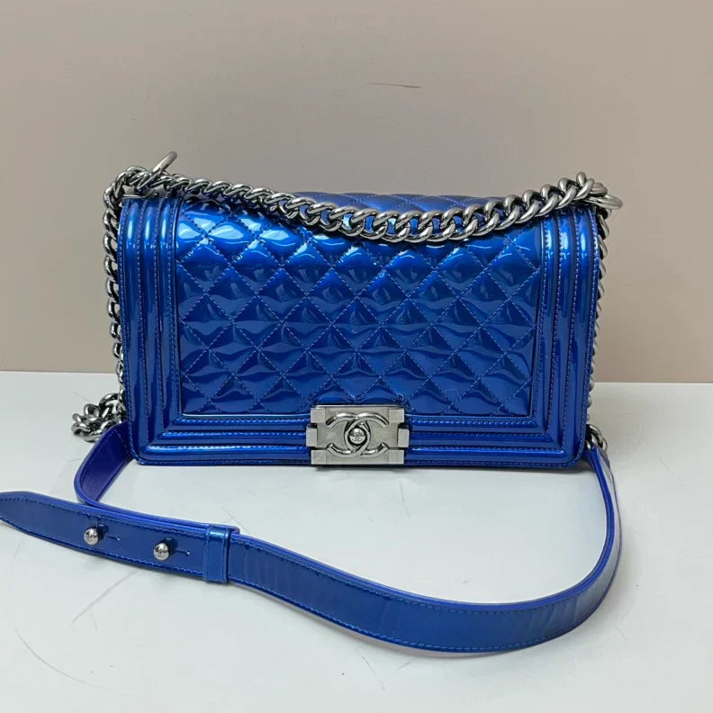 Chanel Large Patent Boy Bag - Blue Shoulder Bags B18-01 | Studio Nafay