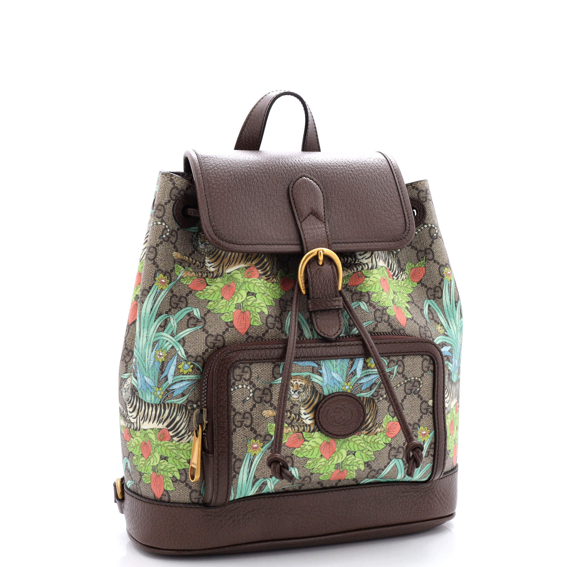 Tiger Interlocking G Patch Drawstring Flap Backpack Limited Edition GG Coated Canvas Small