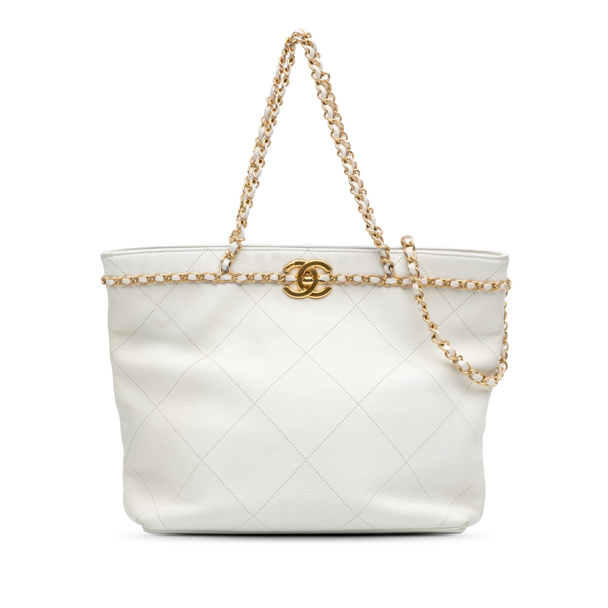 White Chanel Quilted Calfskin CC Lock Chain Shopping Tote Satchel