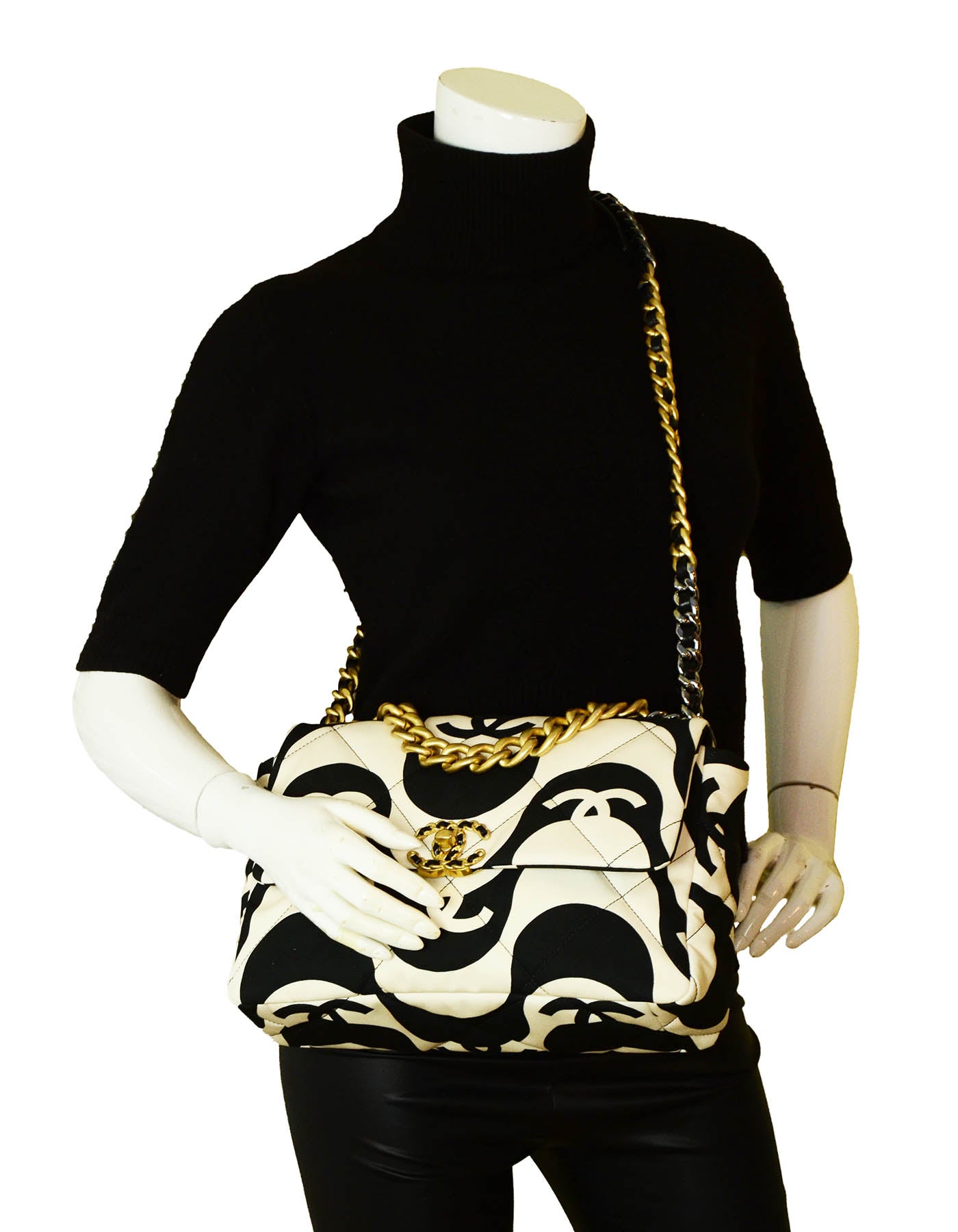 Chanel Black/ Ecru Fabric CC Printed Large 19 Flap Bag
