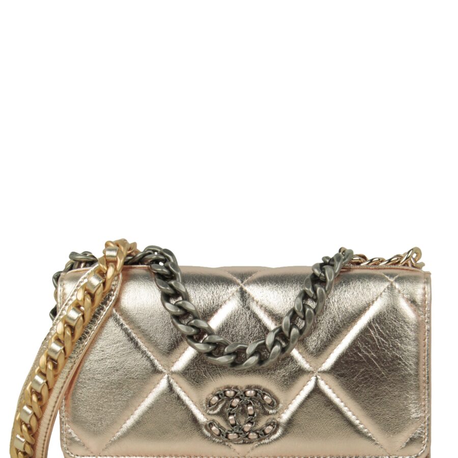 Chanel Gold Quilted 19 Wallet On Chain WOC Crossbody Bag | Studio Nafay