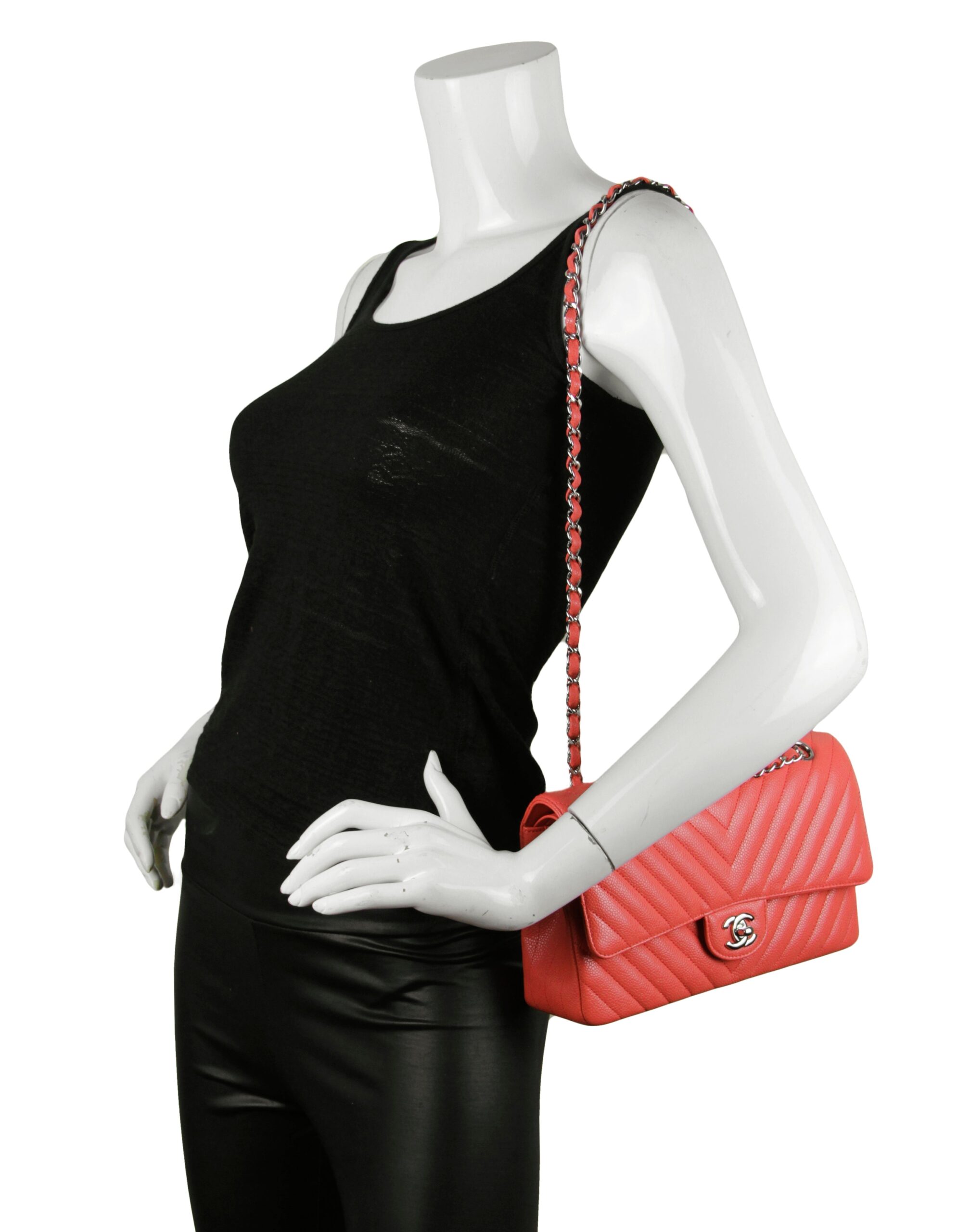 Chanel Coral Caviar Leather Chevron 10″ Medium Double Flap Classic Bag