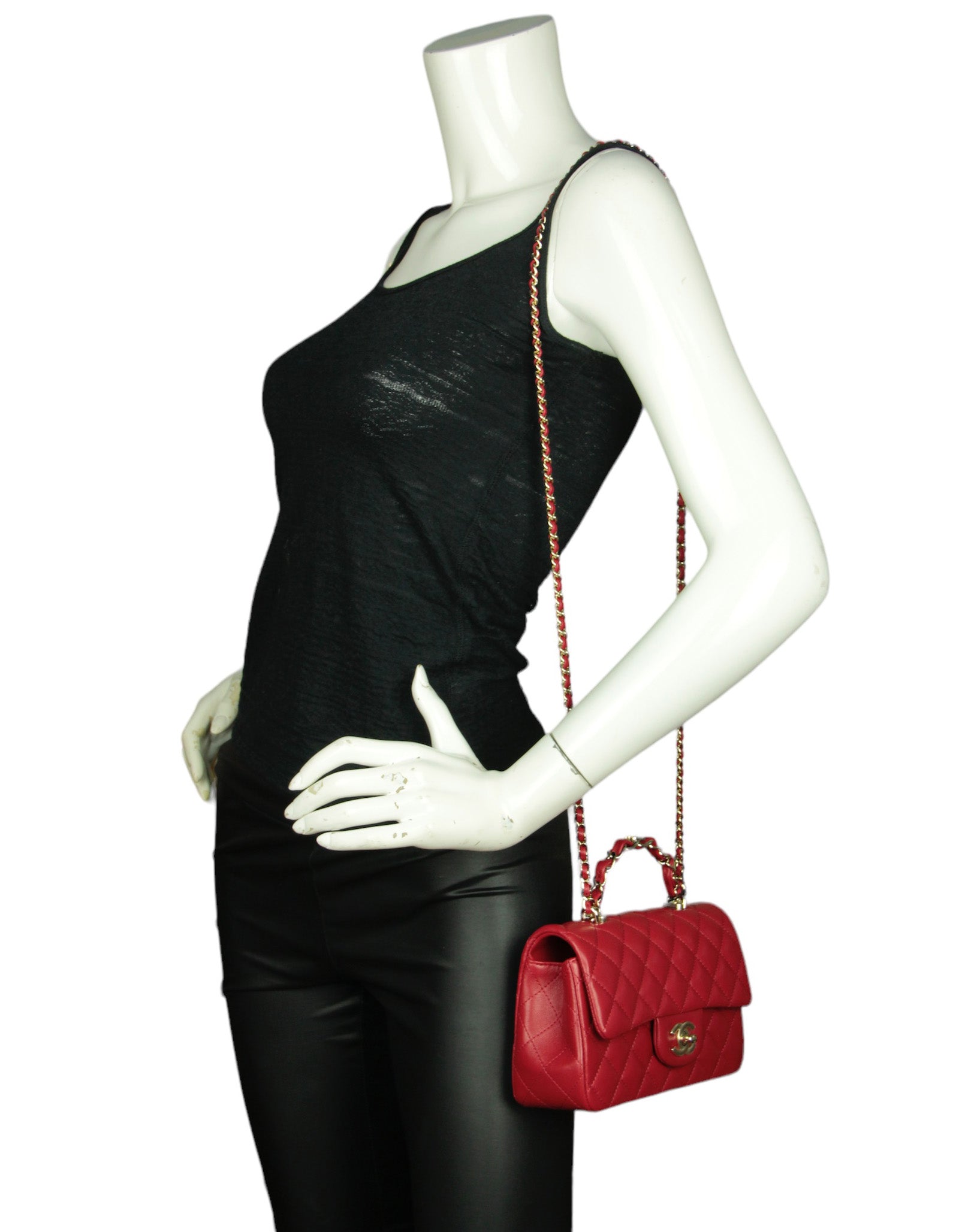 Chanel NWT Red Lambskin Quilted Mini Top Handle Rectangular Flap Handbag