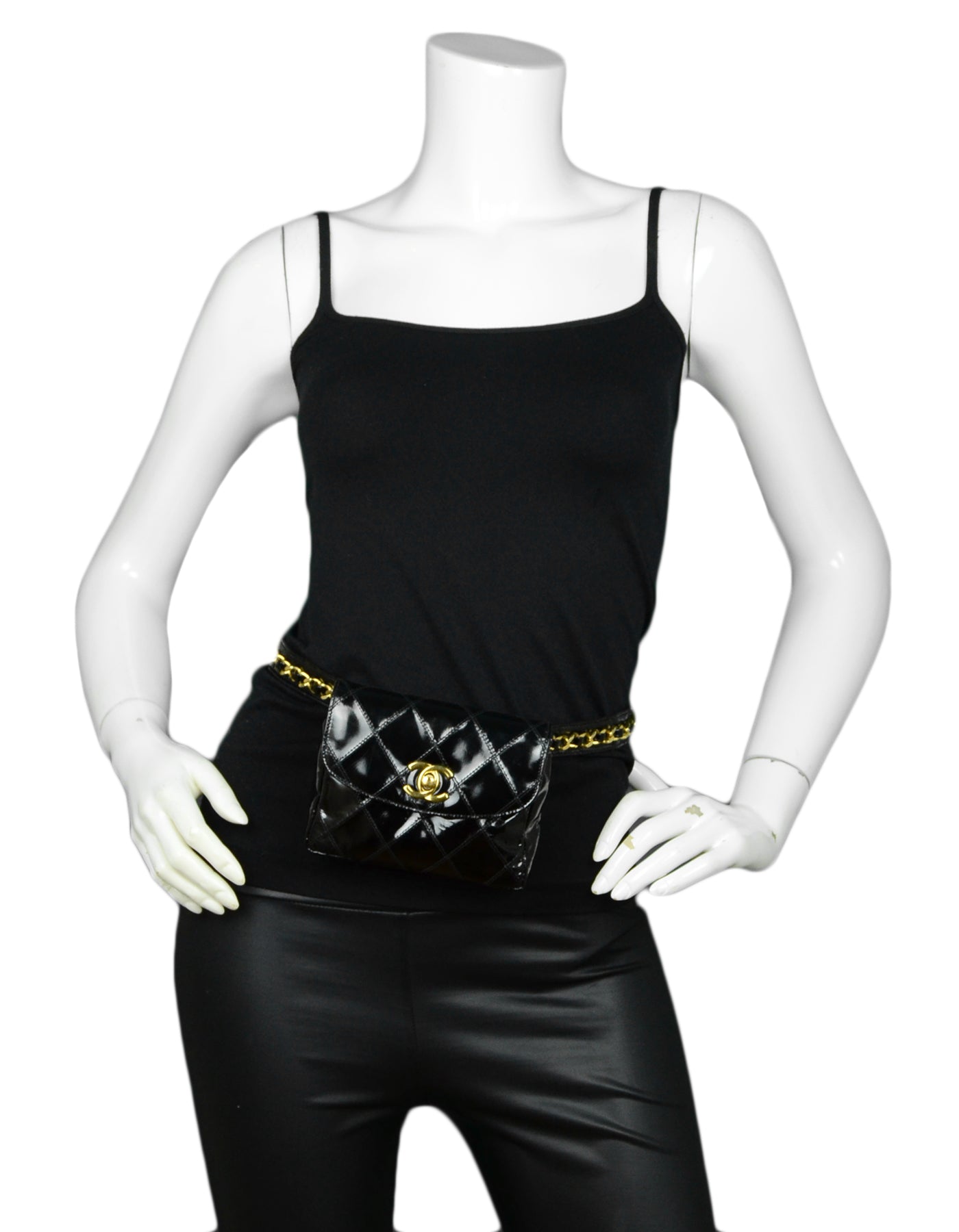 Chanel Black Patent Leather Quilted CC Twist-lock Leather Laced Belt Bag