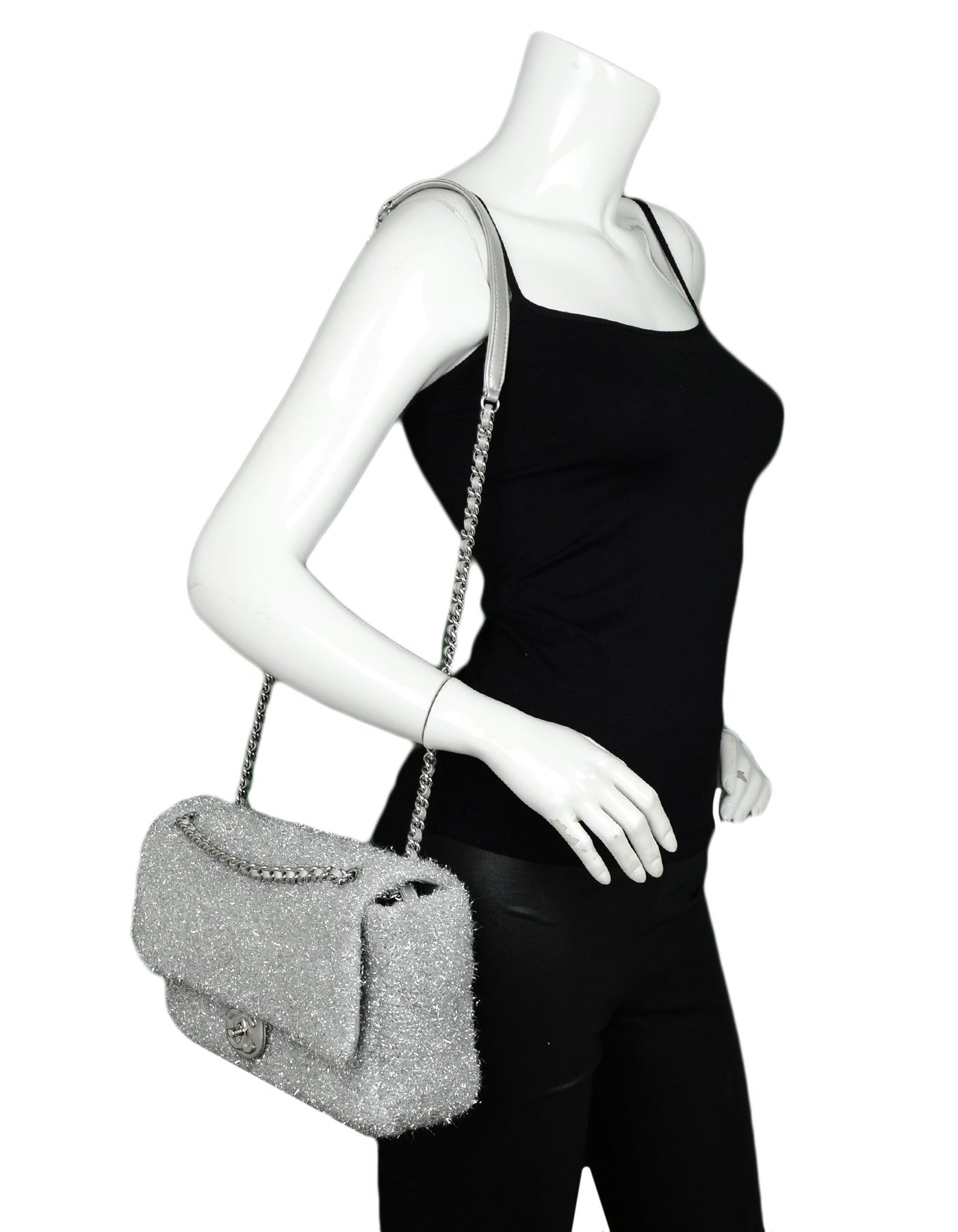 Chanel Silver Quilted Knit Pluto Glitter Large Flap Bag