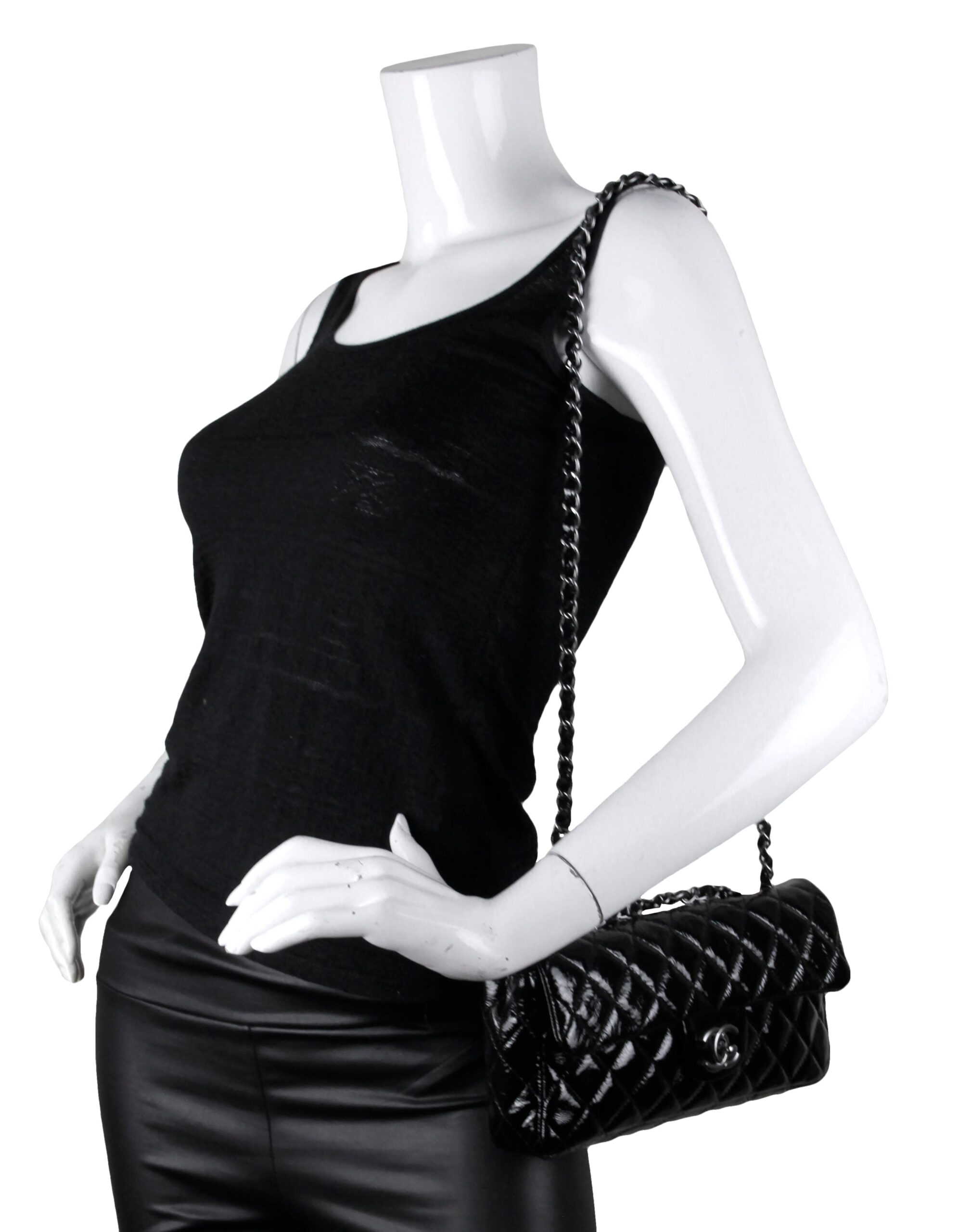 Chanel Black Distressed Patent Quilted East West Flap Bag