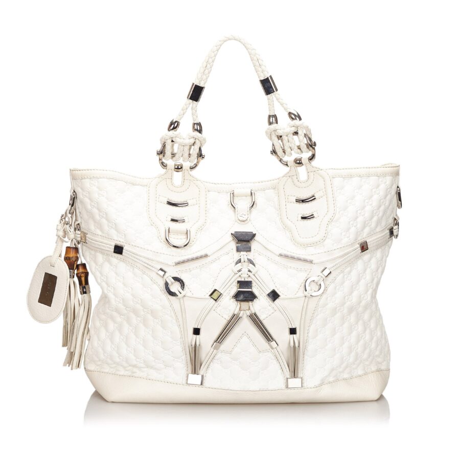 Gucci White Chemical Fiber Fabric GG Techno Horsebit Tote Bag Italy | Studio Nafay
