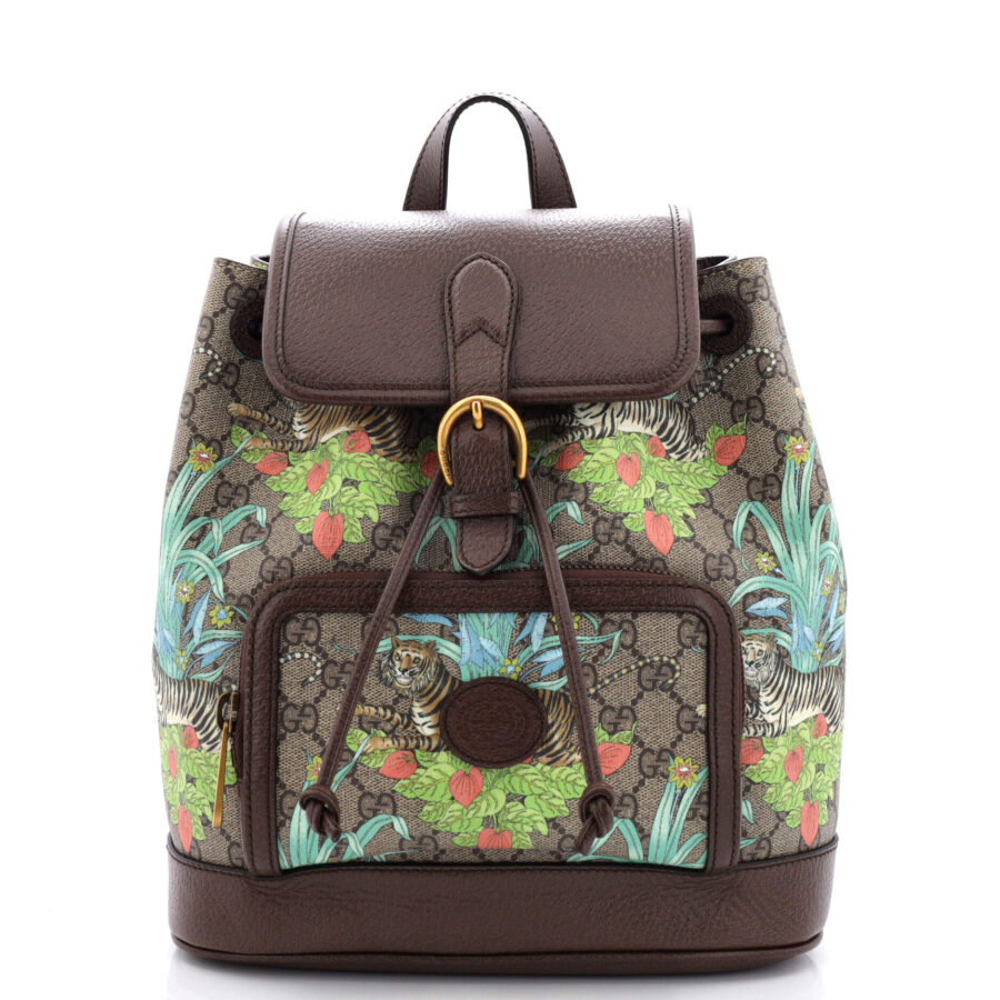 Tiger Interlocking G Patch Drawstring Flap Backpack Limited Edition GG Coated Canvas Small | Studio Nafay