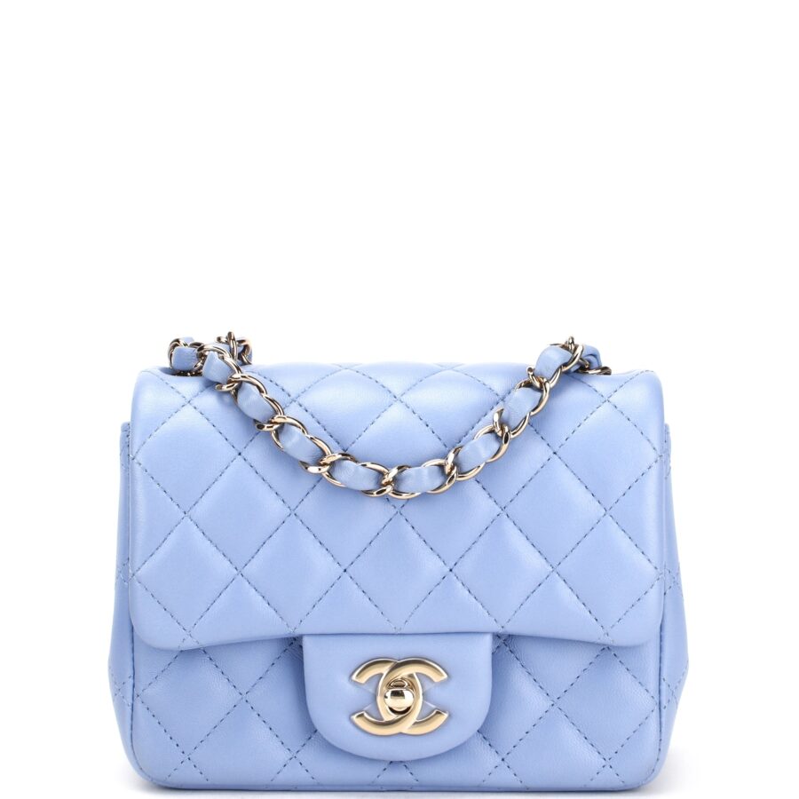 CHANEL CLASSIC MINI SQUARE (3071xxxx) LIGHT BLUE LAMBSKIN LIGHT GOLD HARDWARE, WITH, DUST COVER & BOX | Studio Nafay