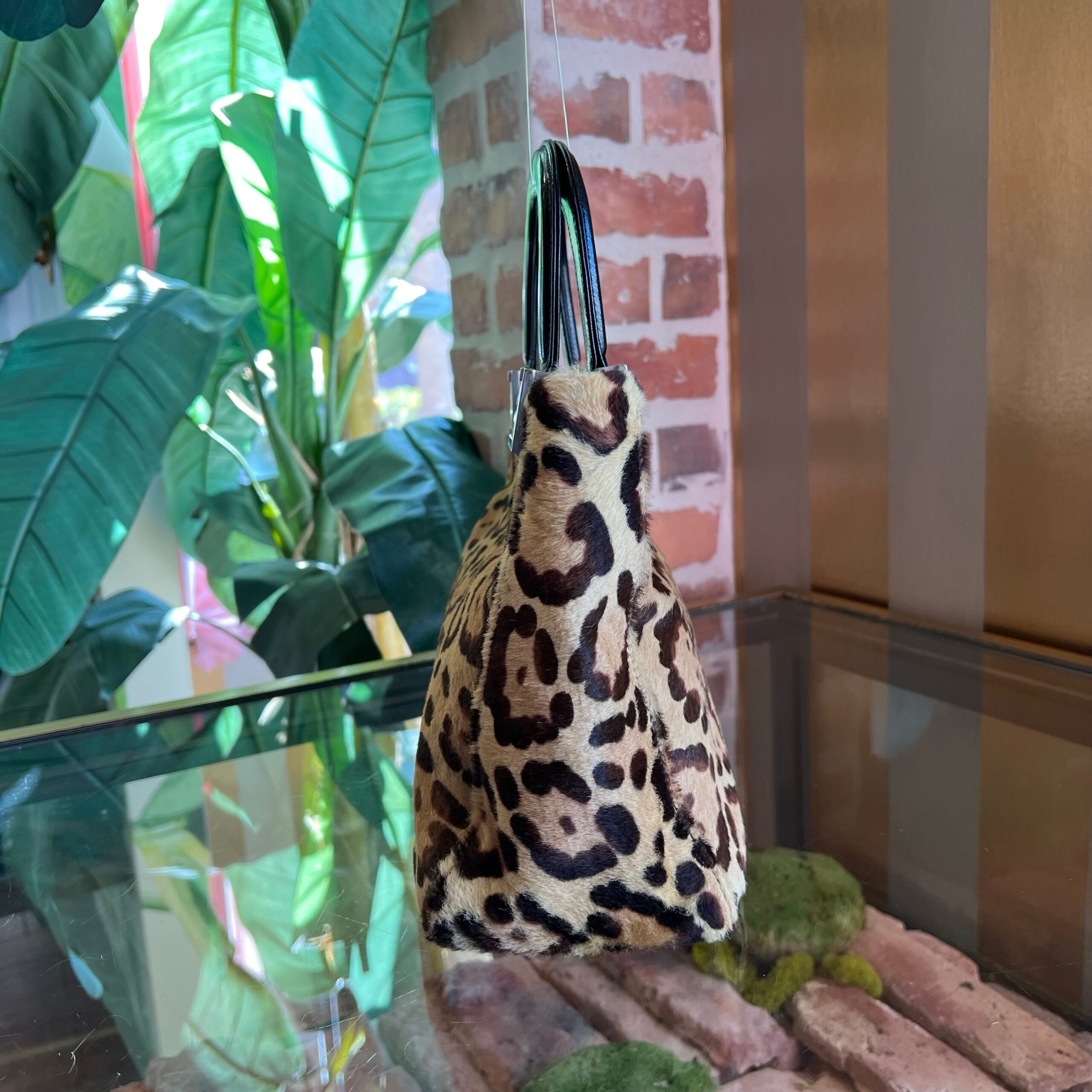 FENDI Brown Beige FF Handle Leopard Print Pony Hair Small Tote Bag