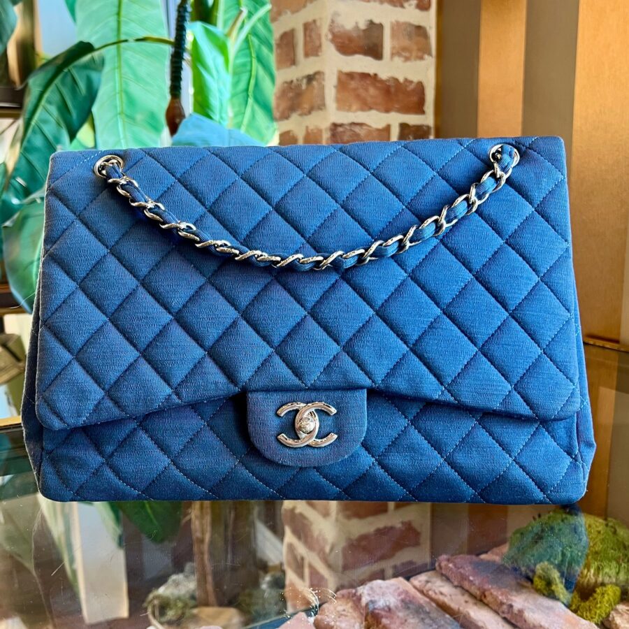 CHANEL Single Flap Jumbo Blue Jersey Shoulder Bag | Studio Nafay