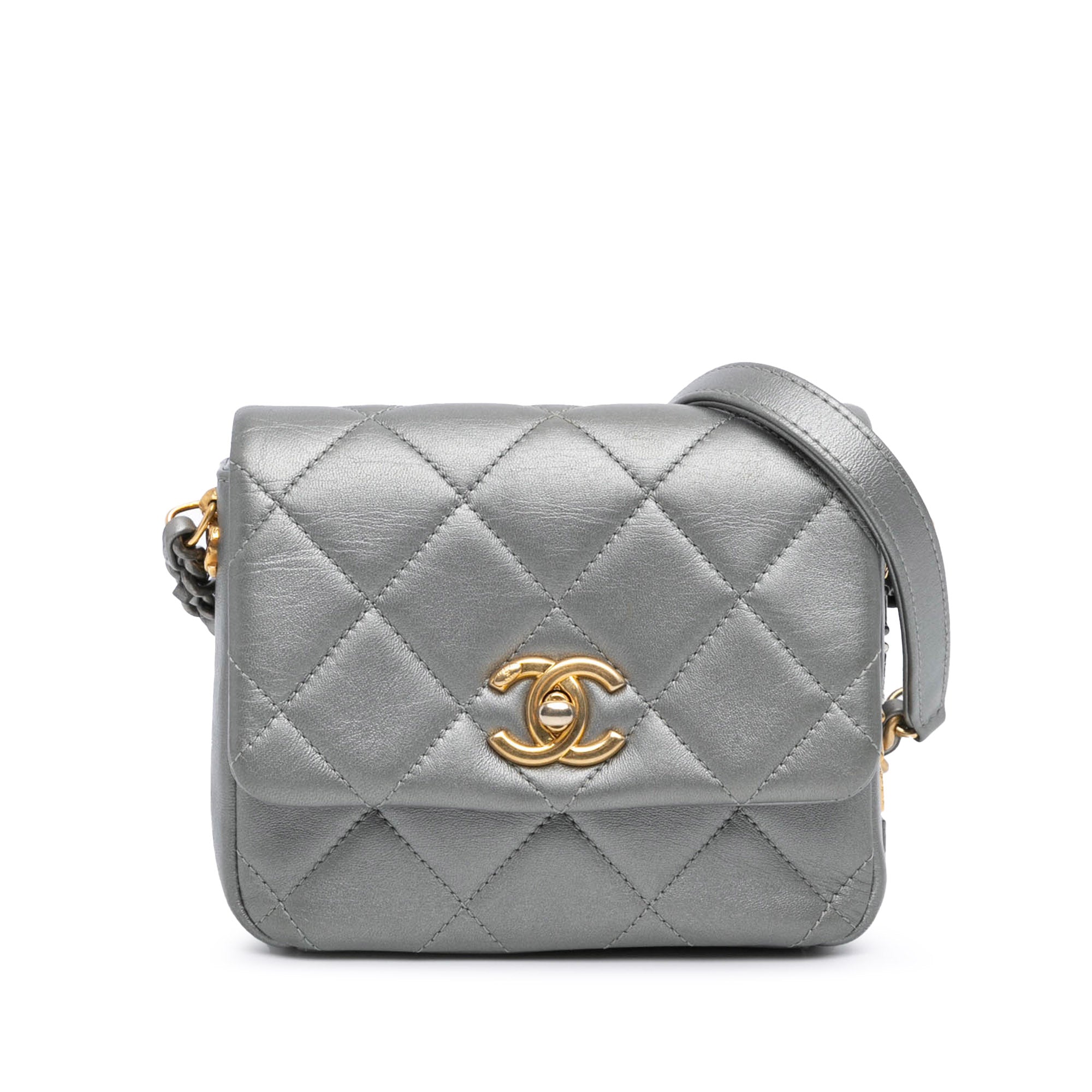 Silver Chanel Mini Quilted Lambskin Side Note Flap Crossbody Bag