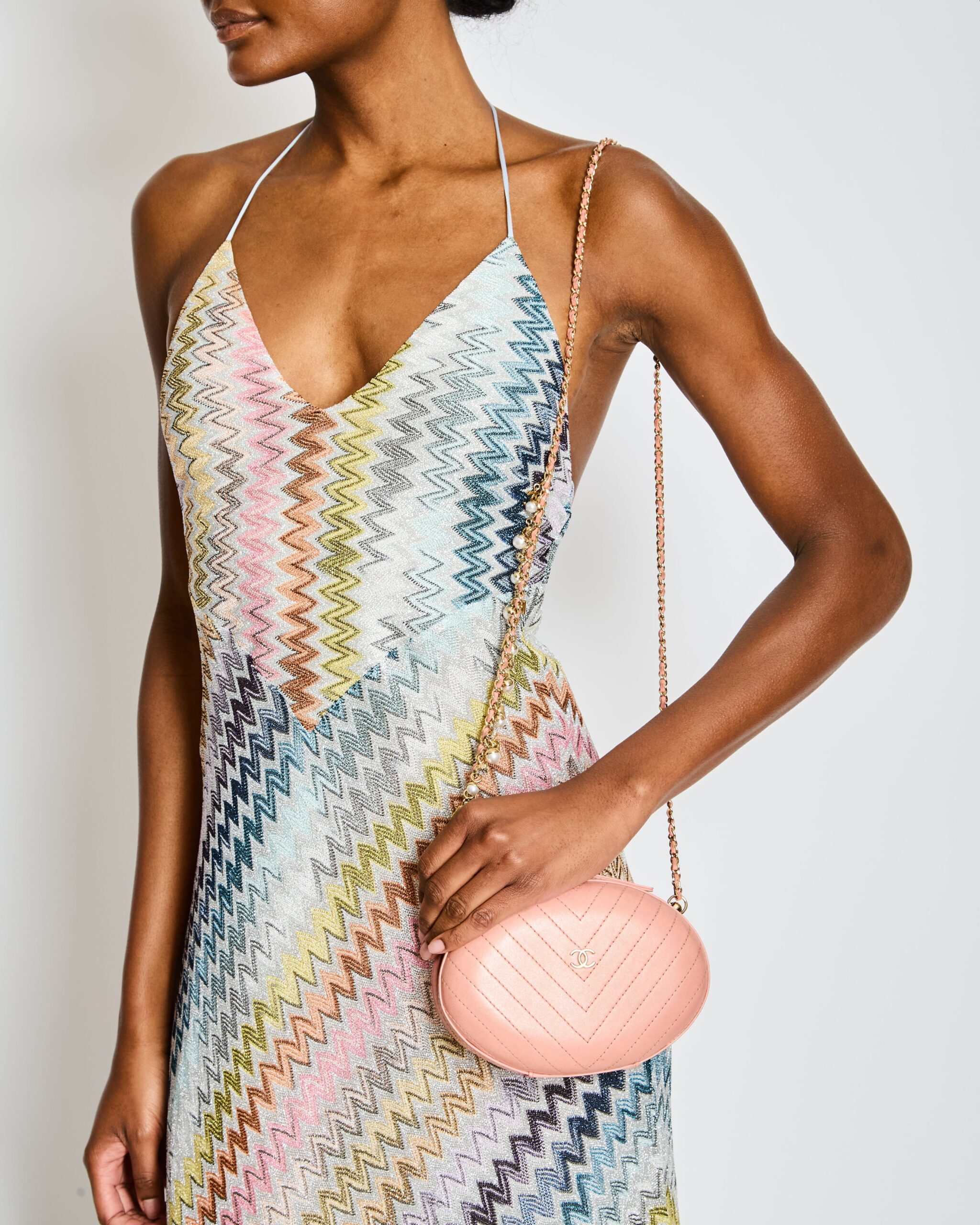 Chanel Pink Runway La Pa Round Evening bag in Chevron with Gold Hardware and Charm Chain