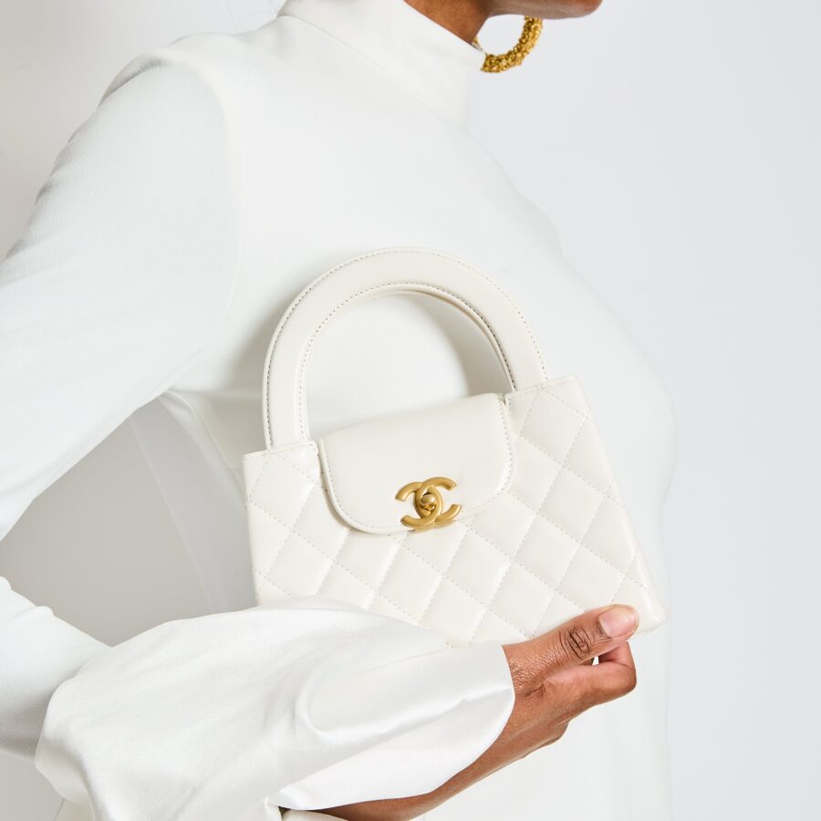 Chanel White Small Mini Kelly Shopping Bag in Shiny Calfskin Leather with Antique Gold Hardware | Studio Nafay