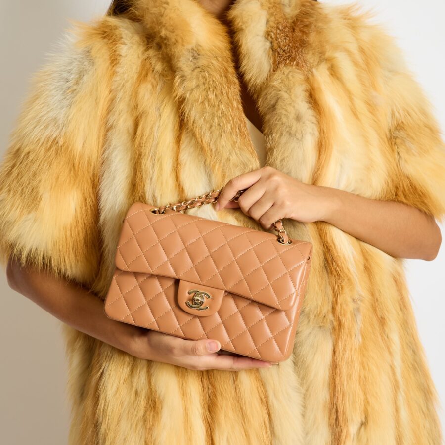 *HOT* Chanel Caramel Small Classic Double Flap Bag in Lambskin Leather with Champagne Gold Hardware | Studio Nafay