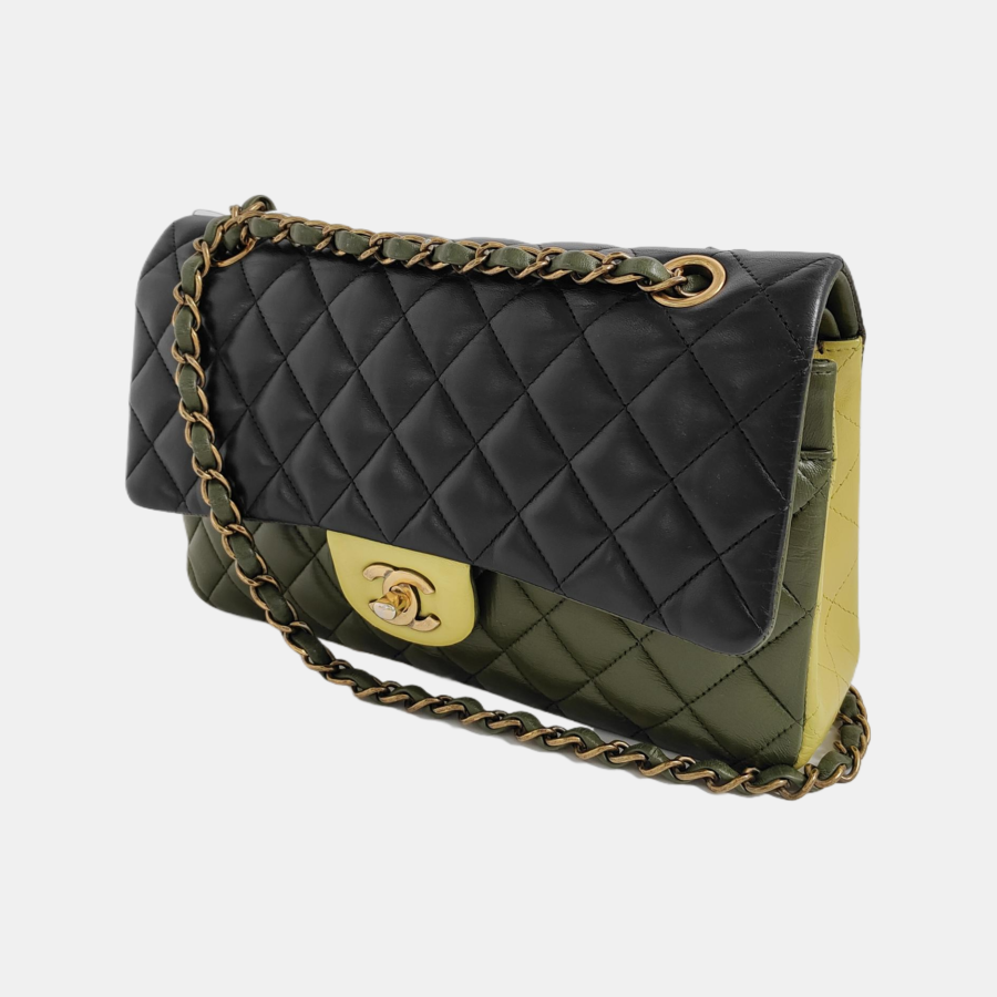 Chanel Timeless Classic Flap Medium Tricolor Black Green Lambskin Leather Gold-tone Hardware | Studio Nafay