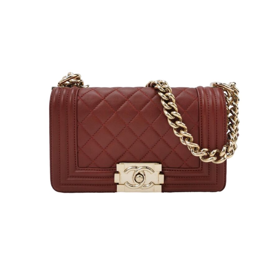 Chanel Le Boy Small Burgundy Lambskin Leather Antiqued Gold Hardware | Studio Nafay