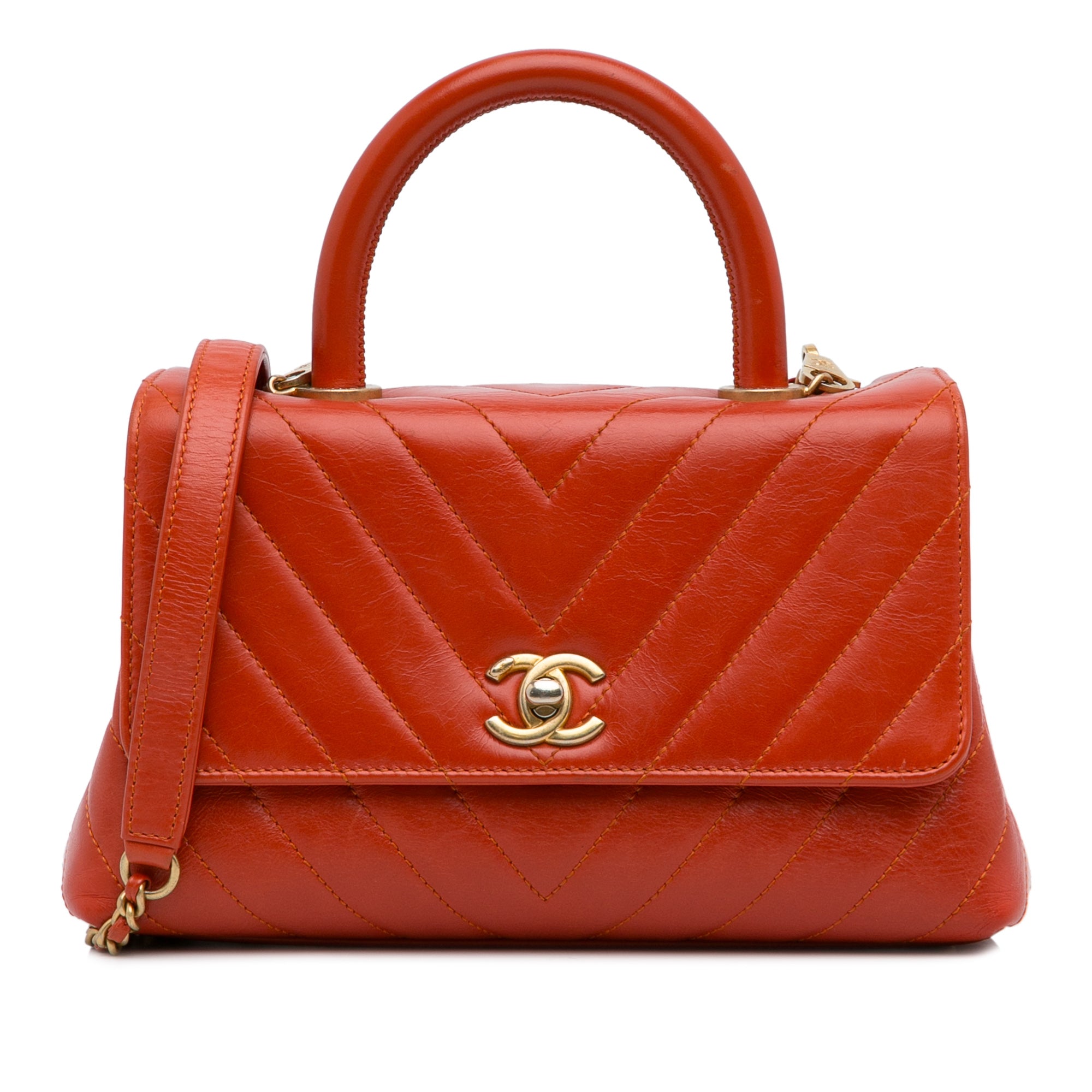 Red Chanel Small Lambskin Chevron Coco Top Handle Bag Satchel