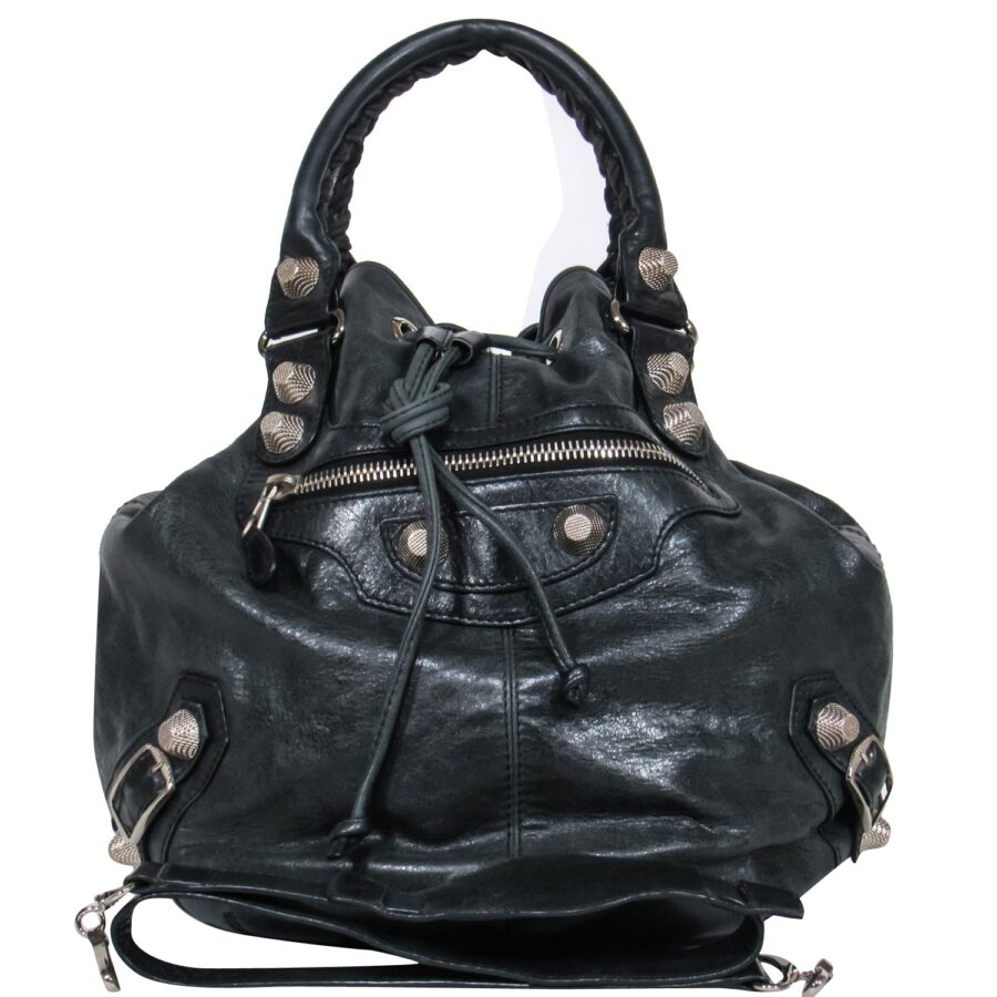 Balenciaga - Black Leather Studded Motorcross Pompon Bucket Bag | Studio Nafay