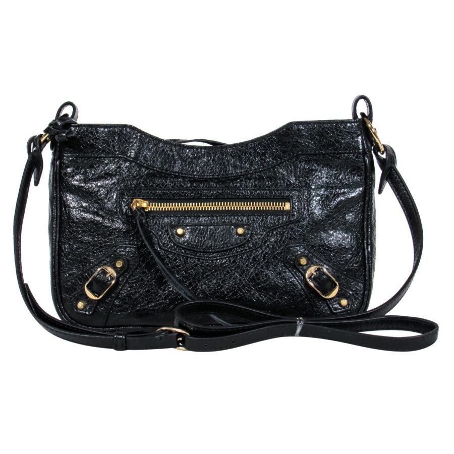 Balenciaga - Black Leather Textured Crossbody w/ Gold Hardware | Studio Nafay