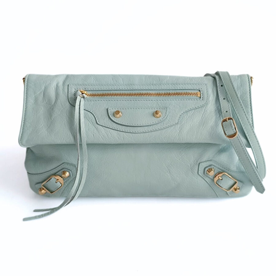 BALENCIAGA Balenciaga Balenciaga Giant Clutch with shoulder strap in aqua green leather | Studio Nafay