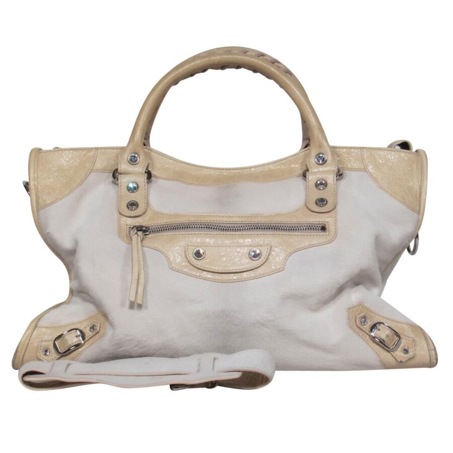 Balenciaga - White & Cream Calf Hair Convertible Satchel | Studio Nafay