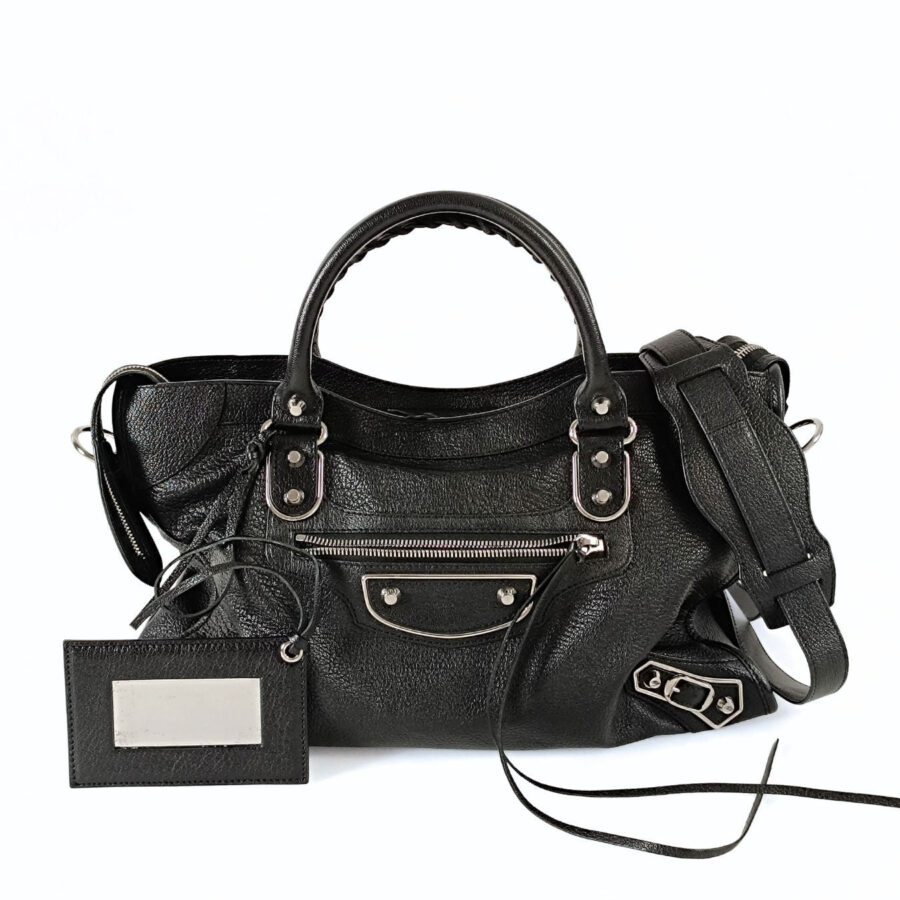 BALENCIAGA Balenciaga Balenciaga Le City Metallic Medium shoulder bag in black leather | Studio Nafay