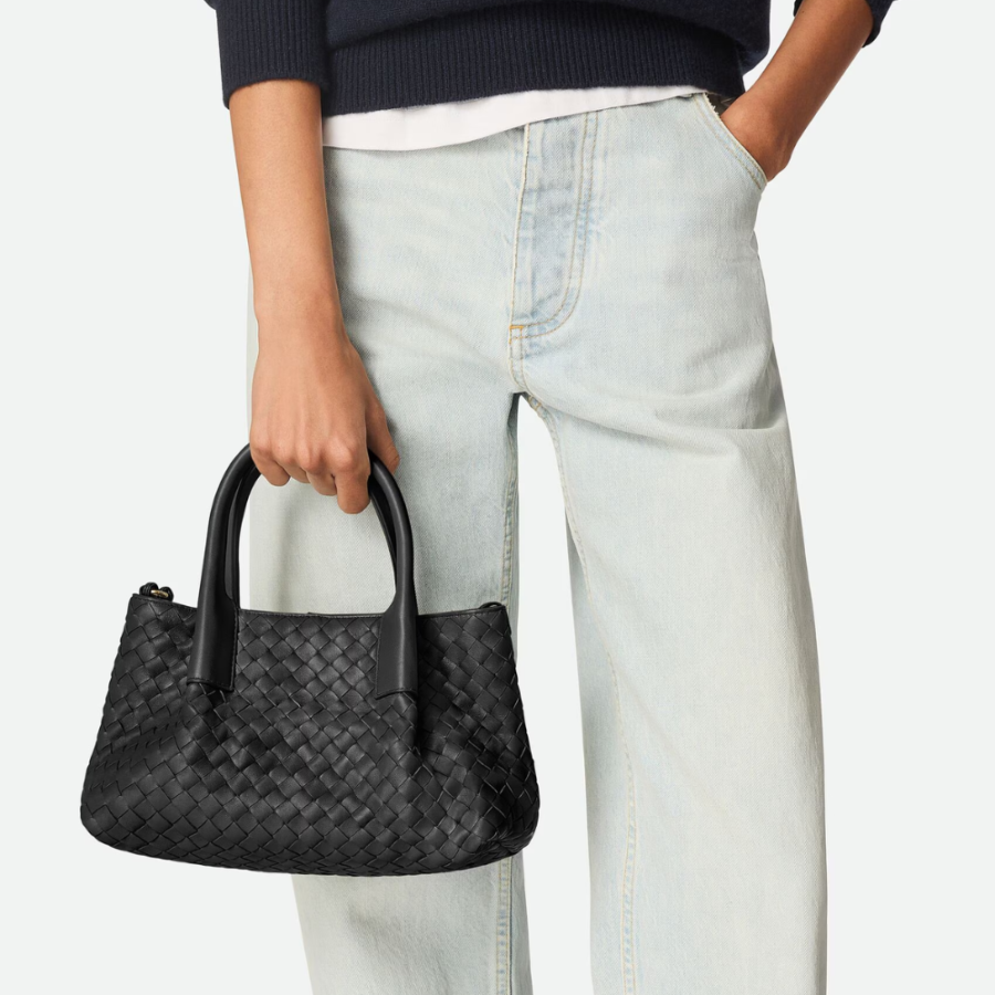 Black Fondant Intrecciato Leather Reversible Small Leather Tote Bag for Women | Studio Nafay