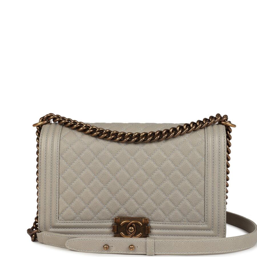 Chanel New Medium Boy Bag Grey Caviar Antique Gold Hardware | Studio Nafay
