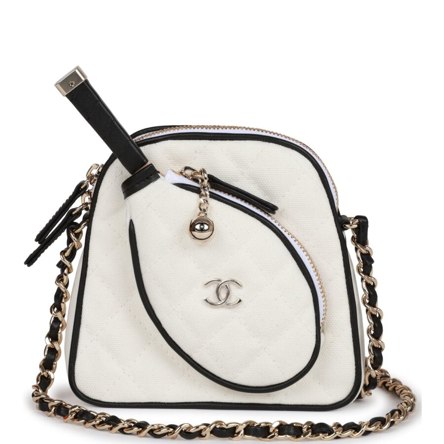 Chanel "Monte-Carlo" Mini Crossbody Tennis Bag White Canvas Light Gold Hardware | Studio Nafay
