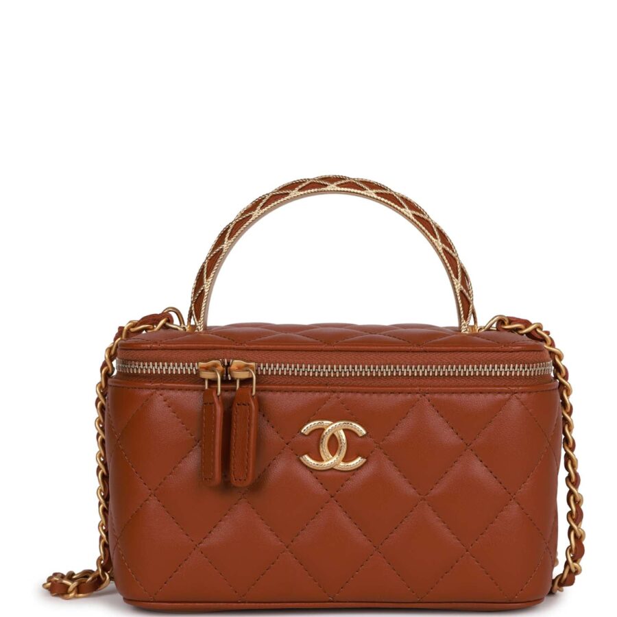 Chanel Small Top Handle Vanity Case Brown Lambskin Brushed Gold Hardware Handbag | Studio Nafay