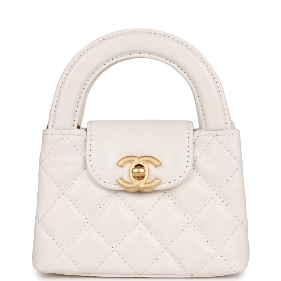 Chanel Nano Kelly Shopper White Shiny Aged Calfskin Brushed Gold Hardware Handbag | Studio Nafay