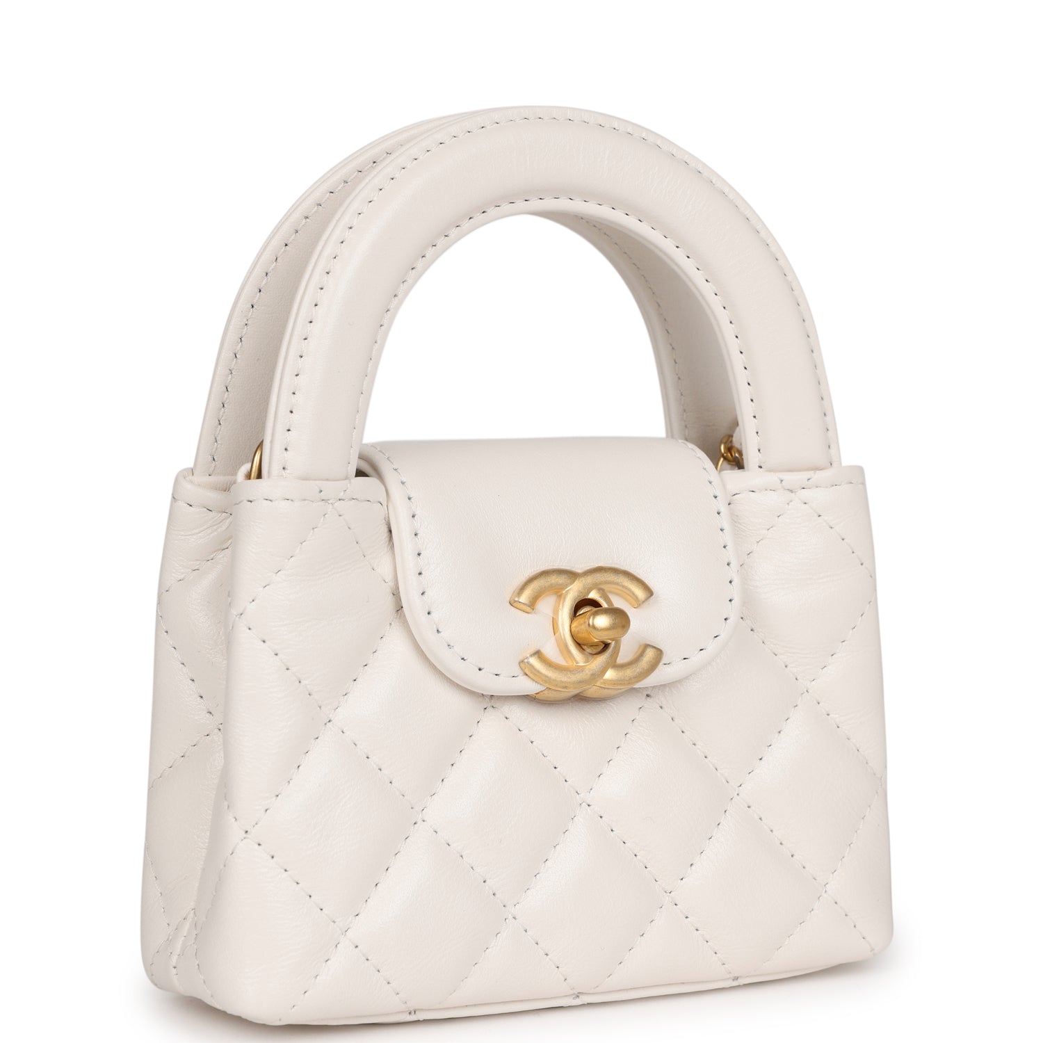 Chanel Nano Kelly Shopper White Shiny Aged Calfskin Brushed Gold Hardware Handbag